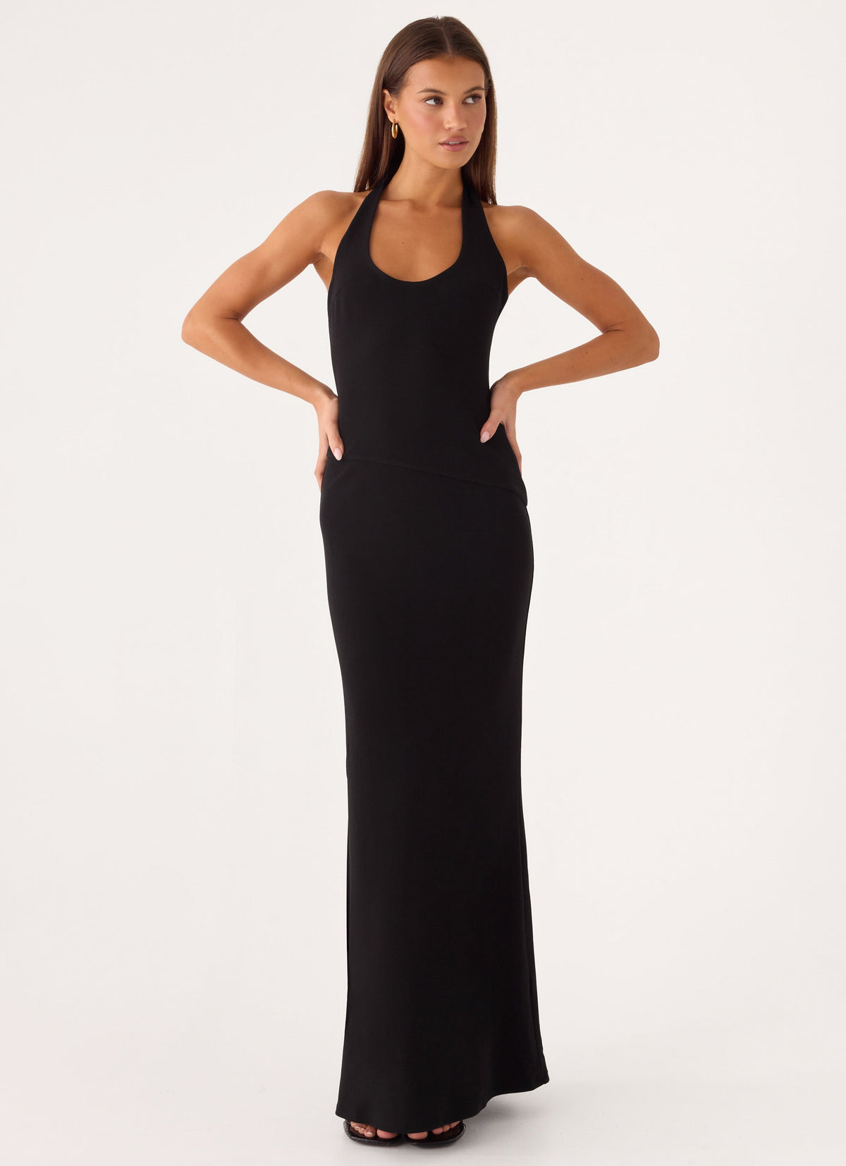 Self-Tie Halter Open-Back Crepe Maxi Dress - Black
