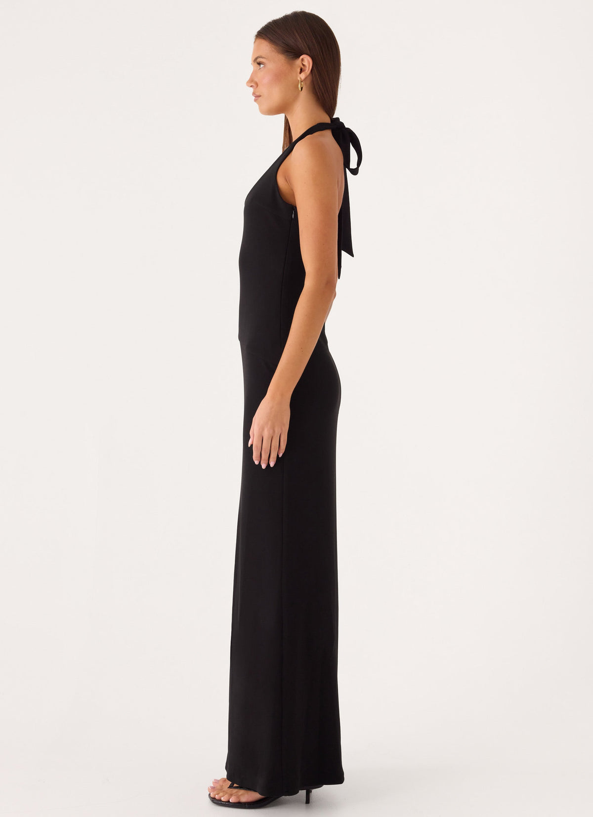 Self-Tie Halter Open-Back Crepe Maxi Dress - Black