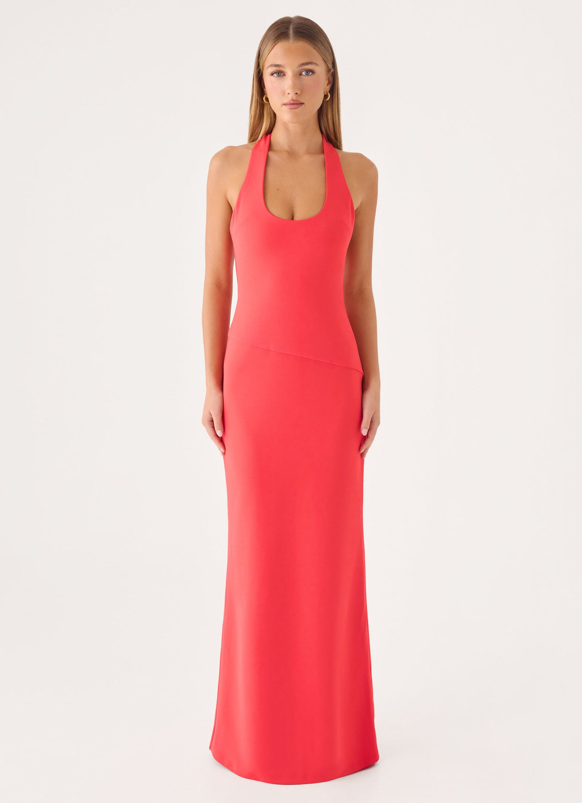 Self-Tie Halter Open-Back Crepe Maxi Dress - Coral Red