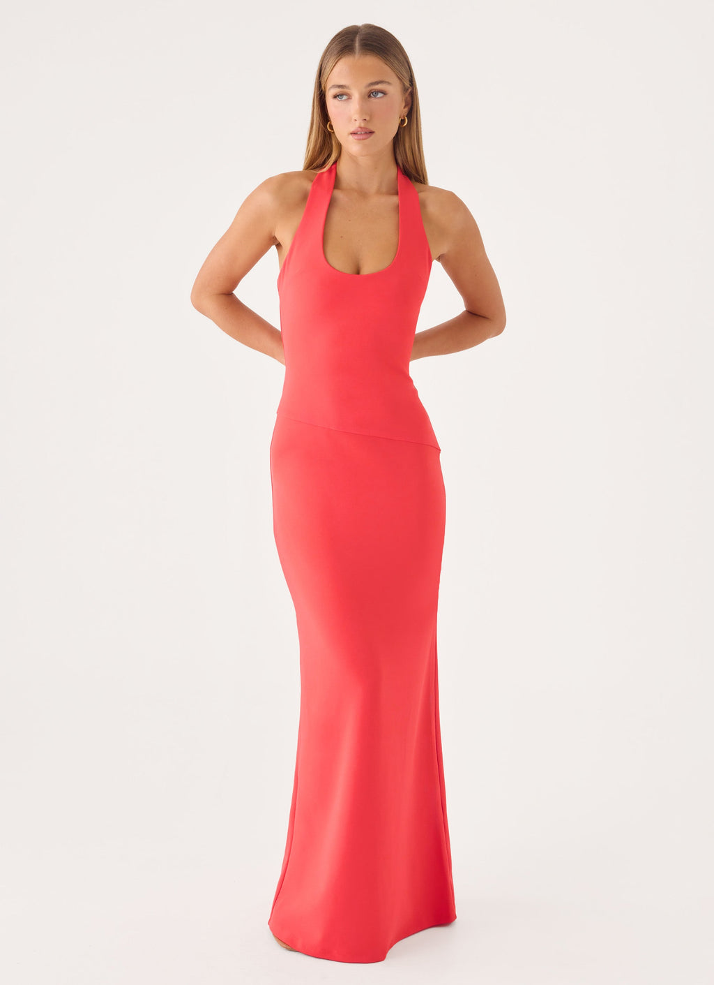 Self-Tie Halter Open-Back Crepe Maxi Dress - Coral Red