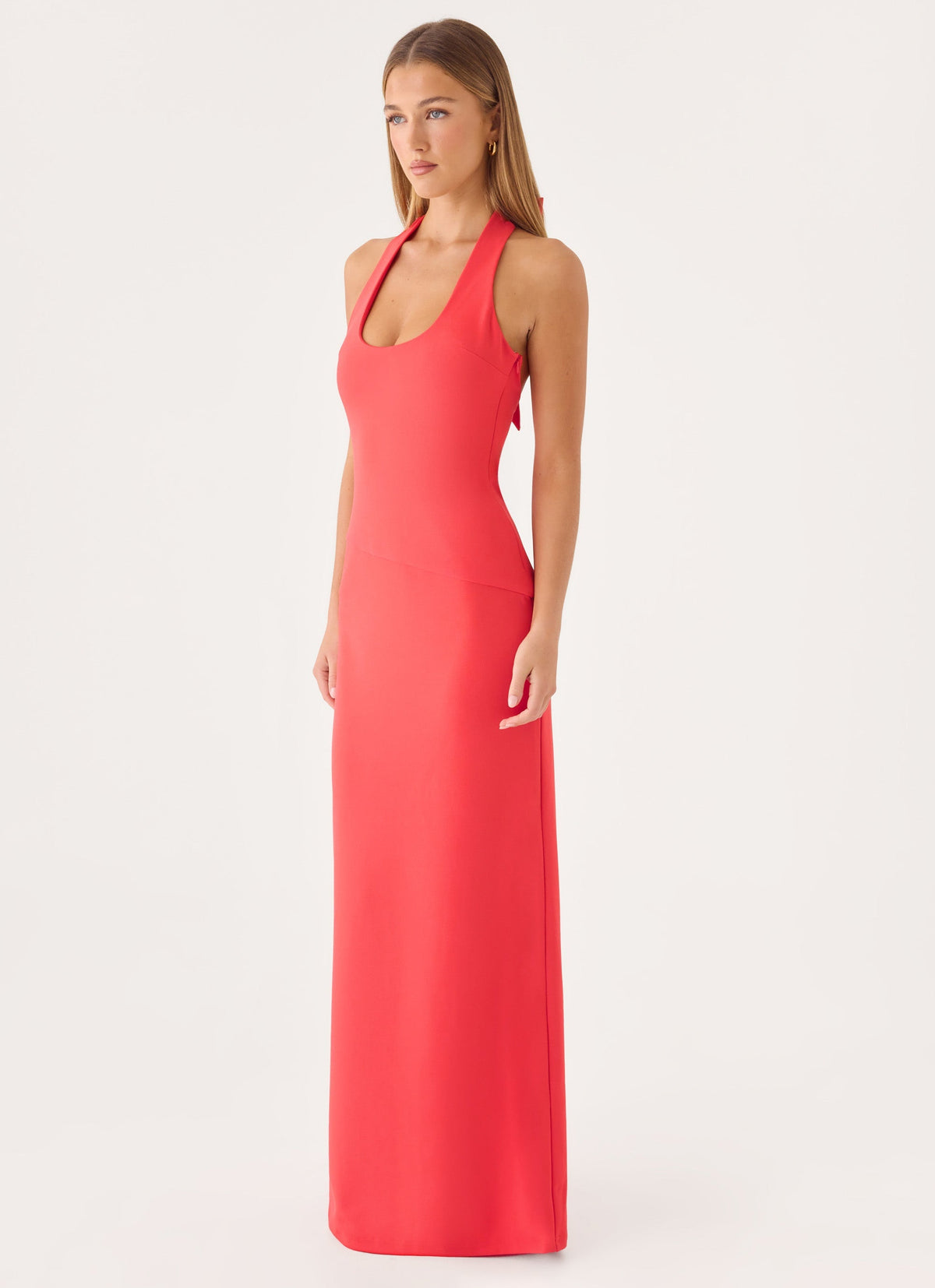 Self-Tie Halter Open-Back Crepe Maxi Dress - Coral Red
