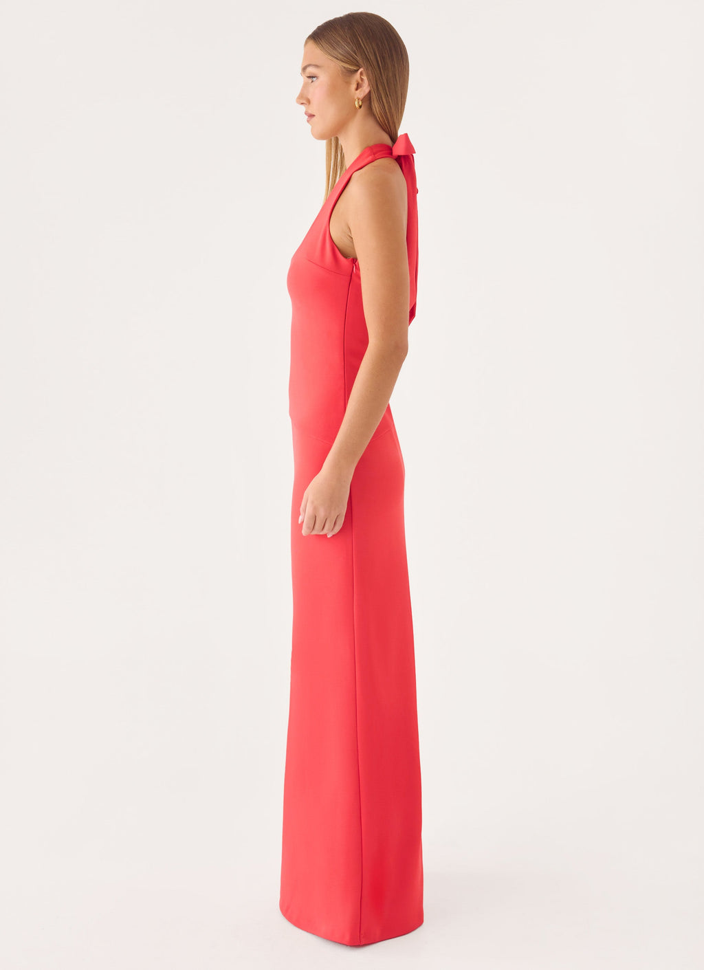 Self-Tie Halter Open-Back Crepe Maxi Dress - Coral Red