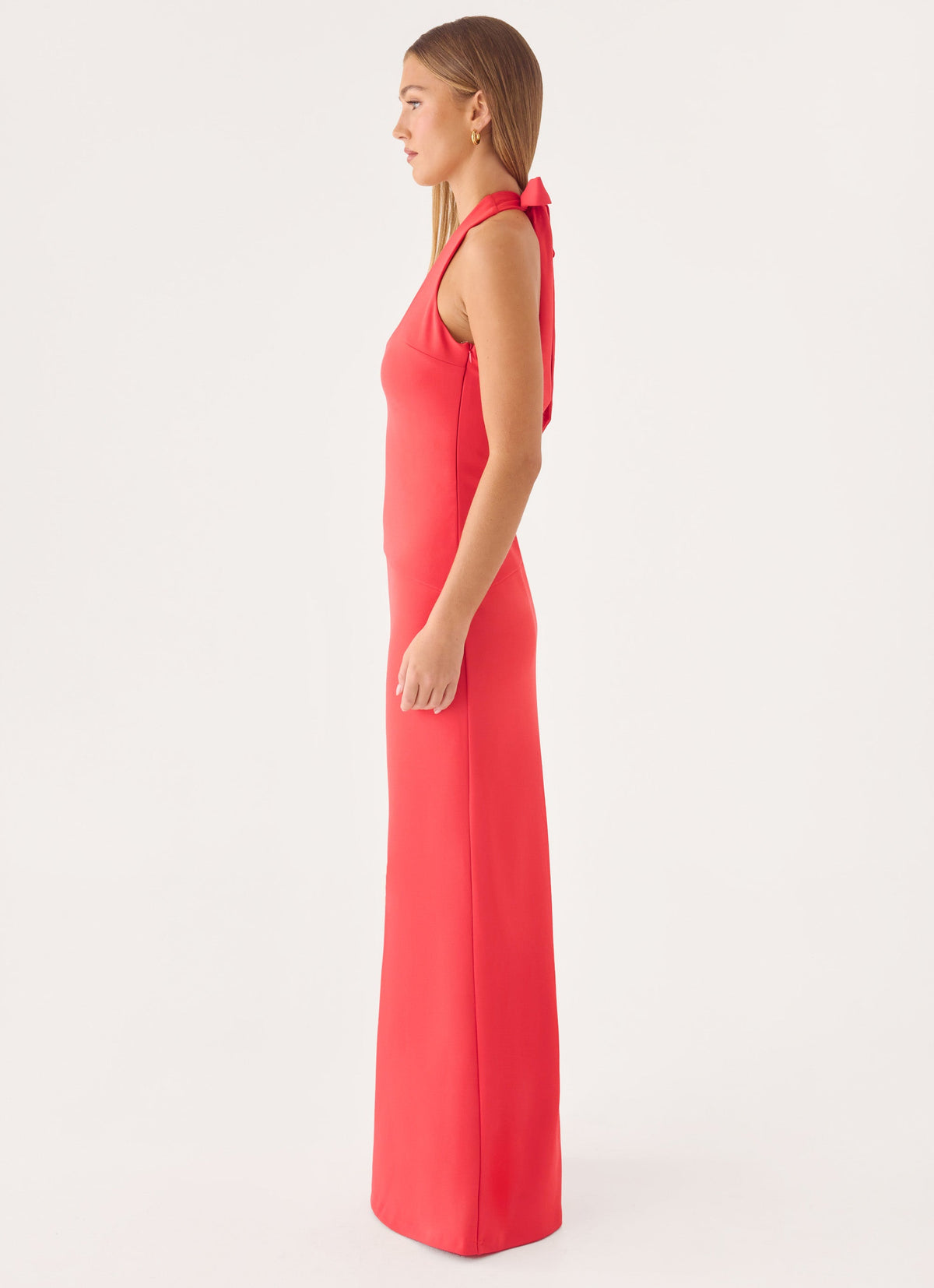 Self-Tie Halter Open-Back Crepe Maxi Dress - Coral Red
