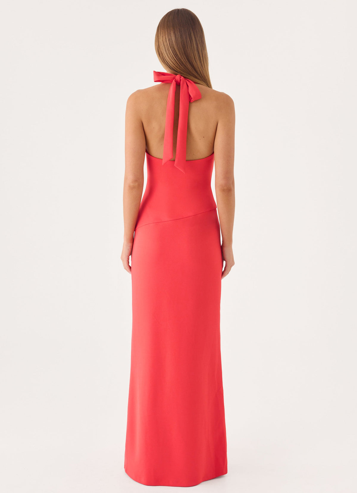 Self-Tie Halter Open-Back Crepe Maxi Dress - Coral Red
