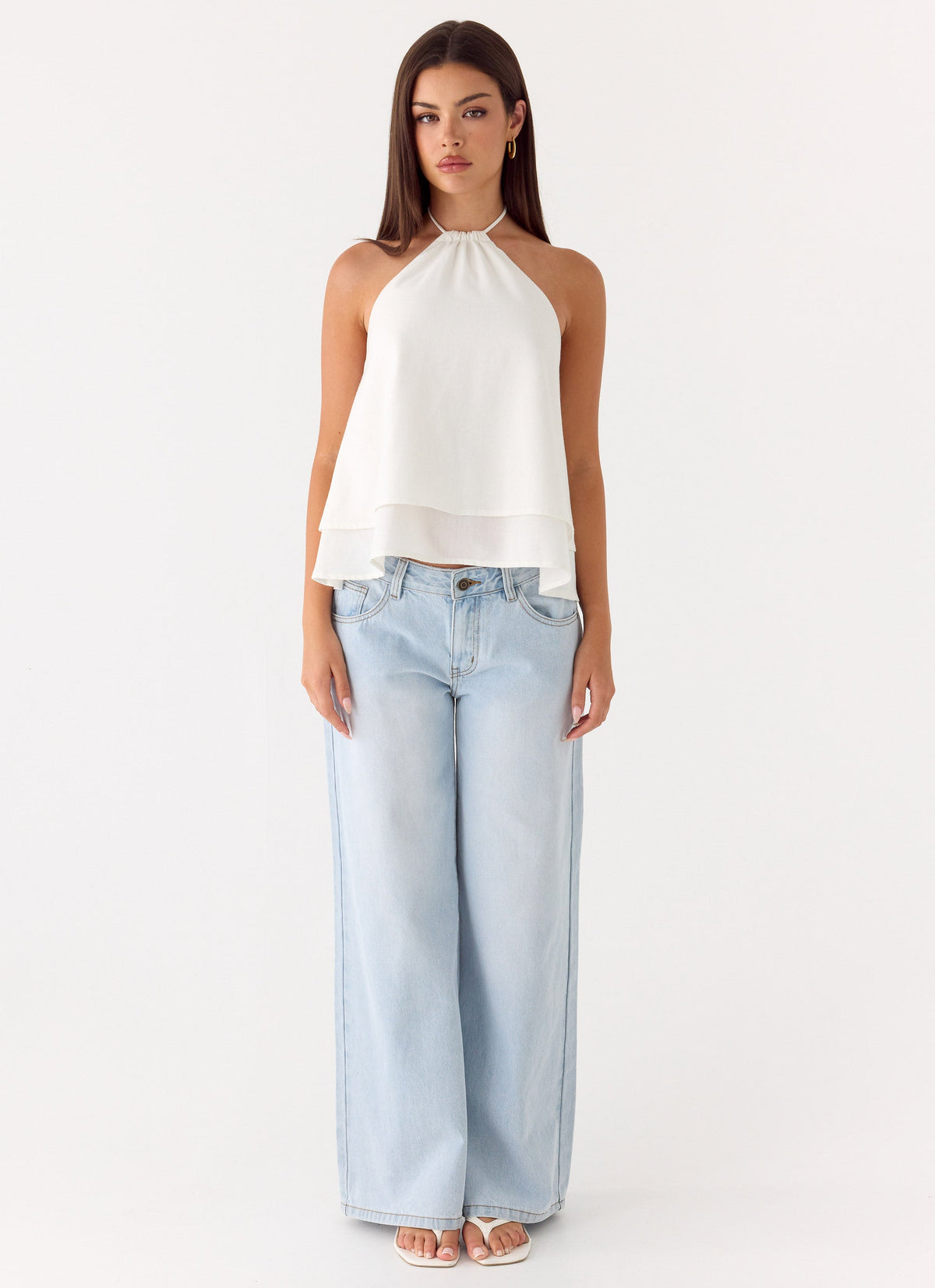 Two-Tier Linen Halter Top - White