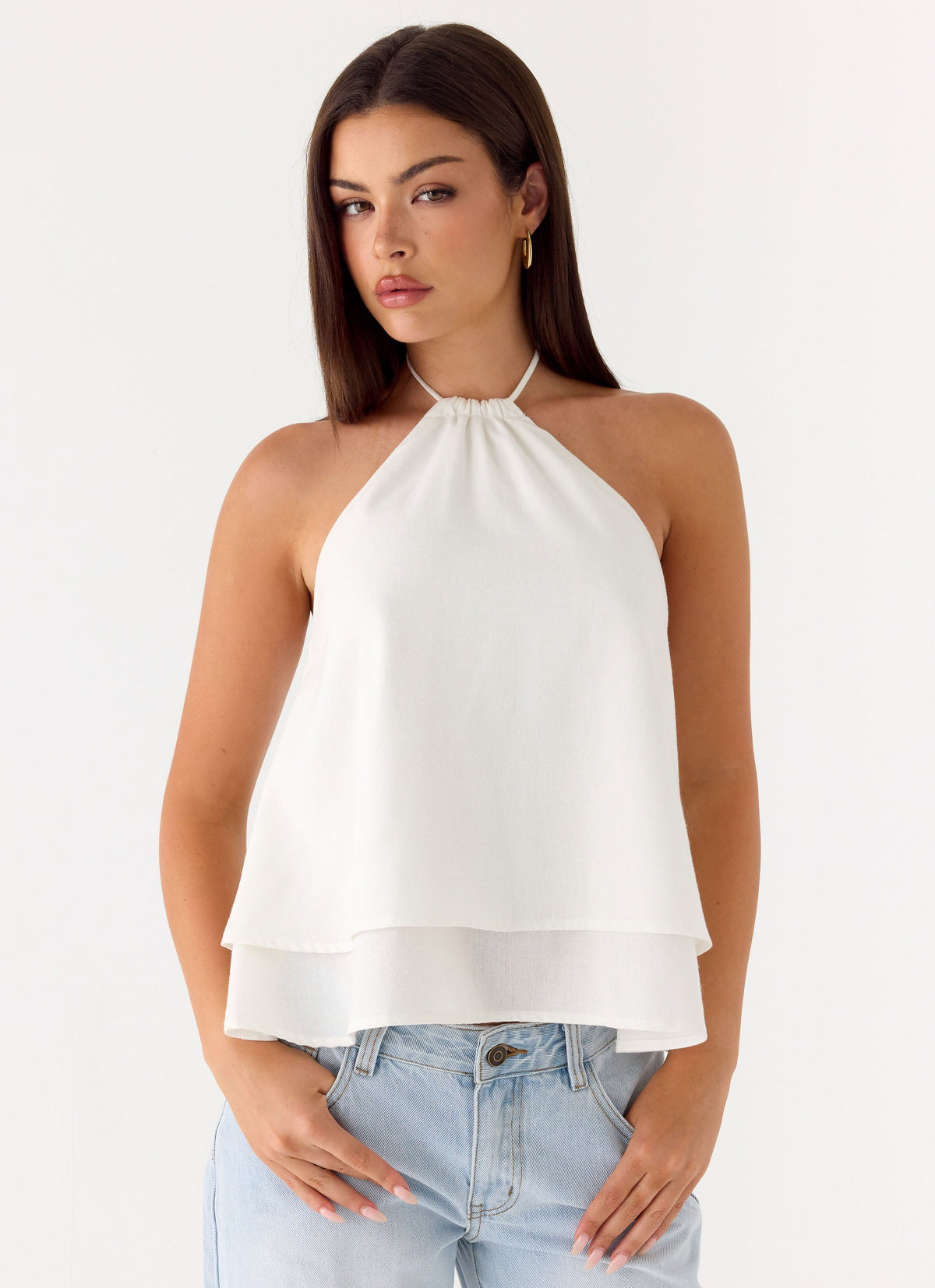 Two-Tier Linen Halter Top - White