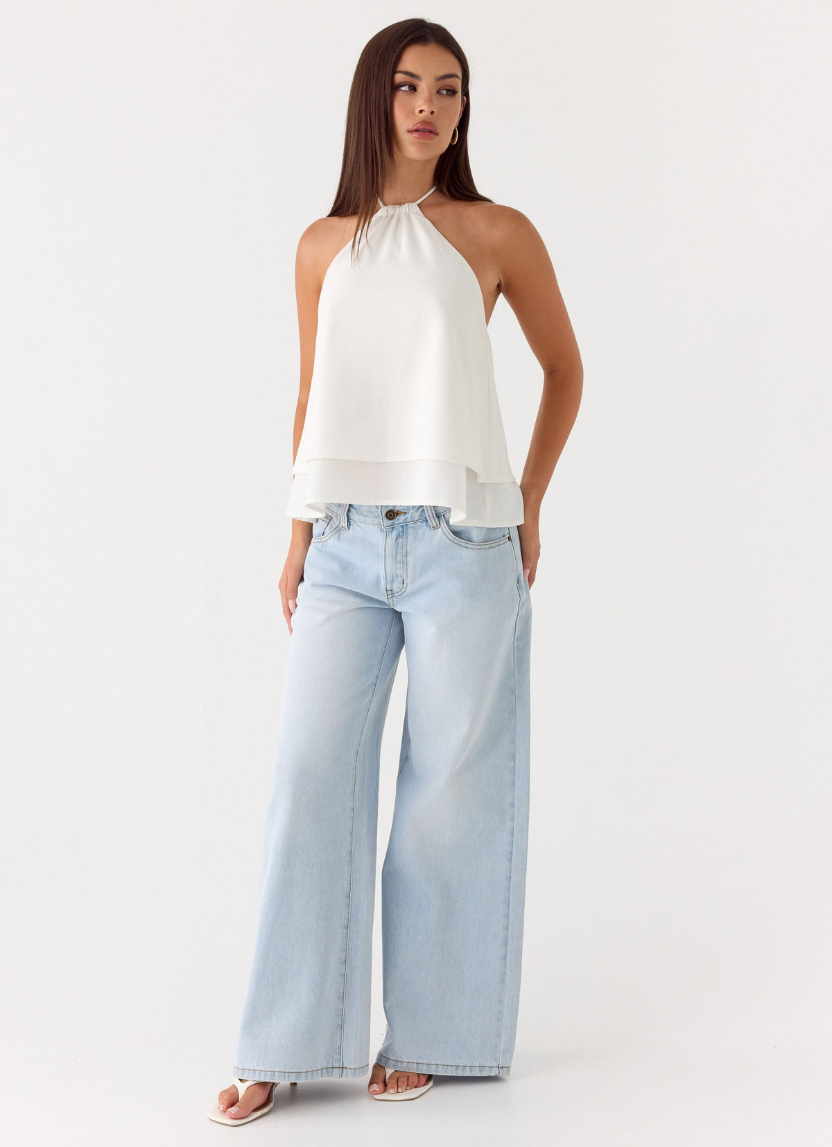 Two-Tier Linen Halter Top - White