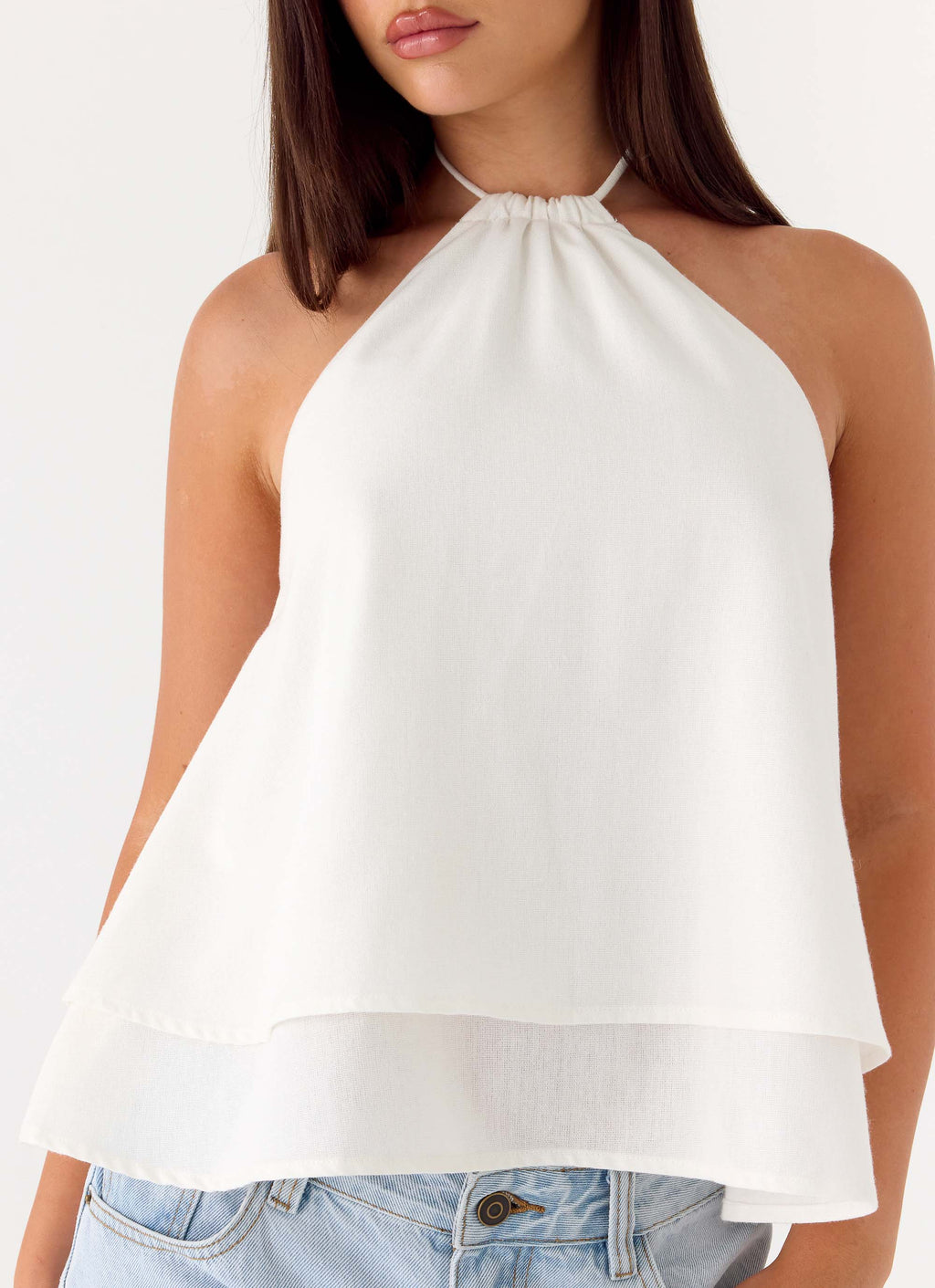 Two-Tier Linen Halter Top - White