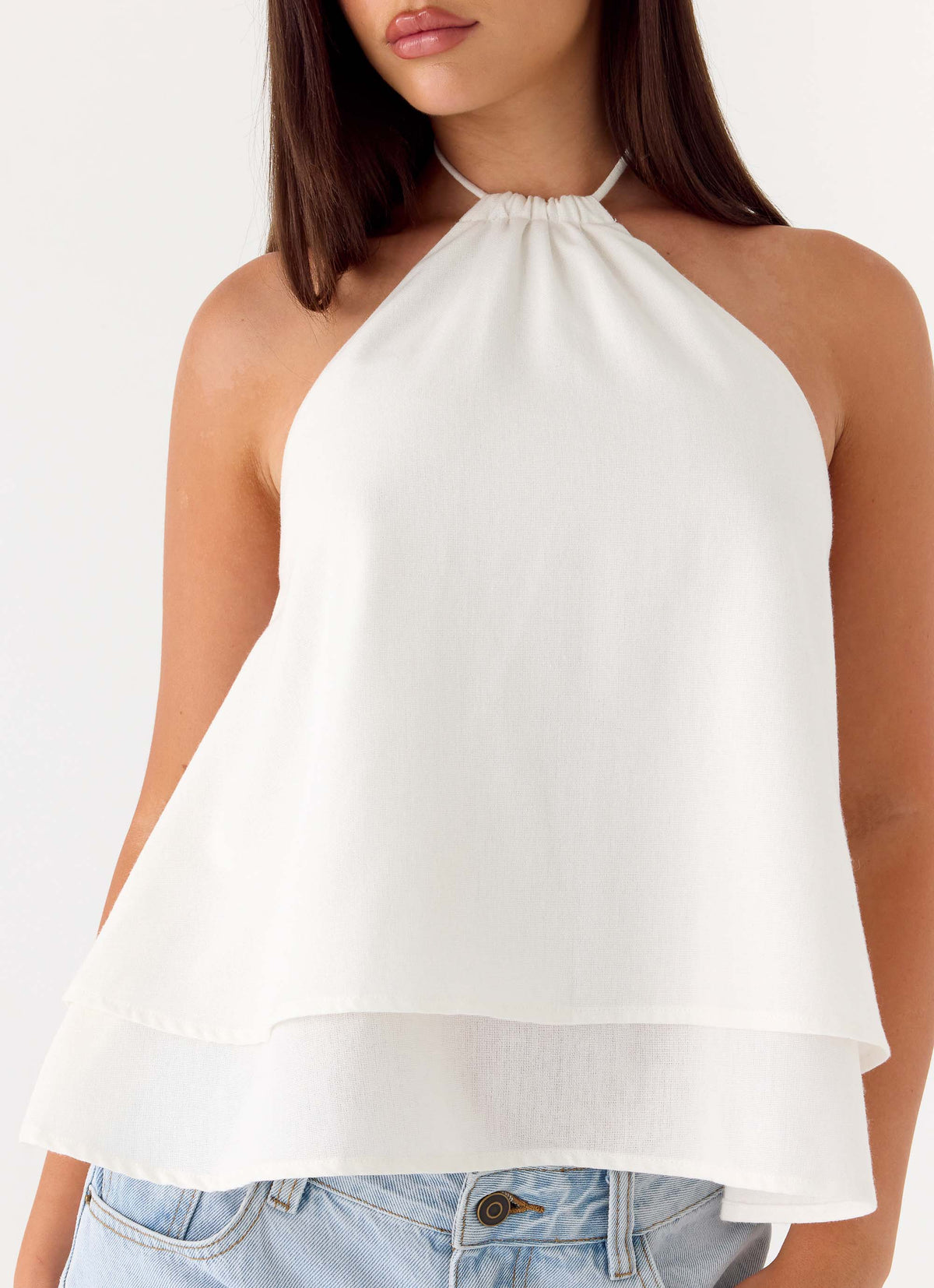 Two-Tier Linen Halter Top - White