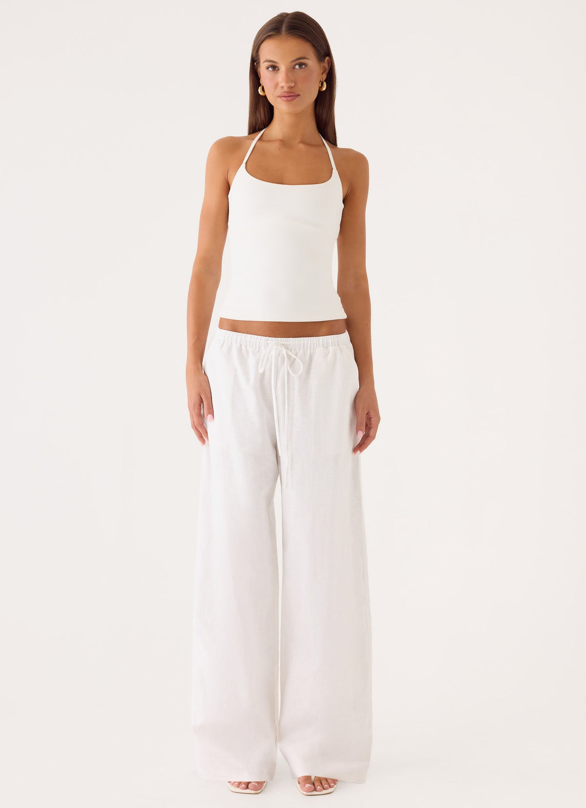 Elasticated Drawstring Linen Wide-Leg Trousers - White