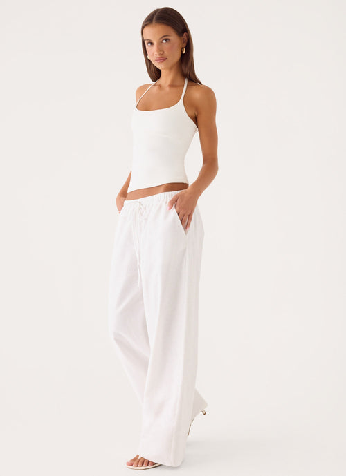 Elasticated Drawstring Linen Wide-Leg Trousers - White