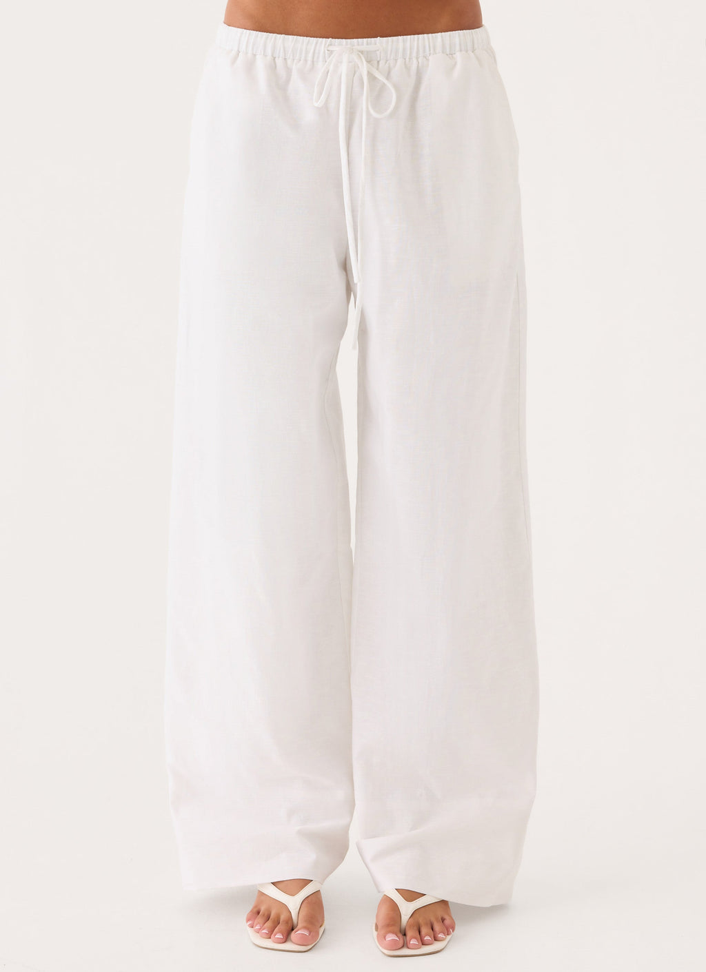 Elasticated Drawstring Linen Wide-Leg Trousers - White