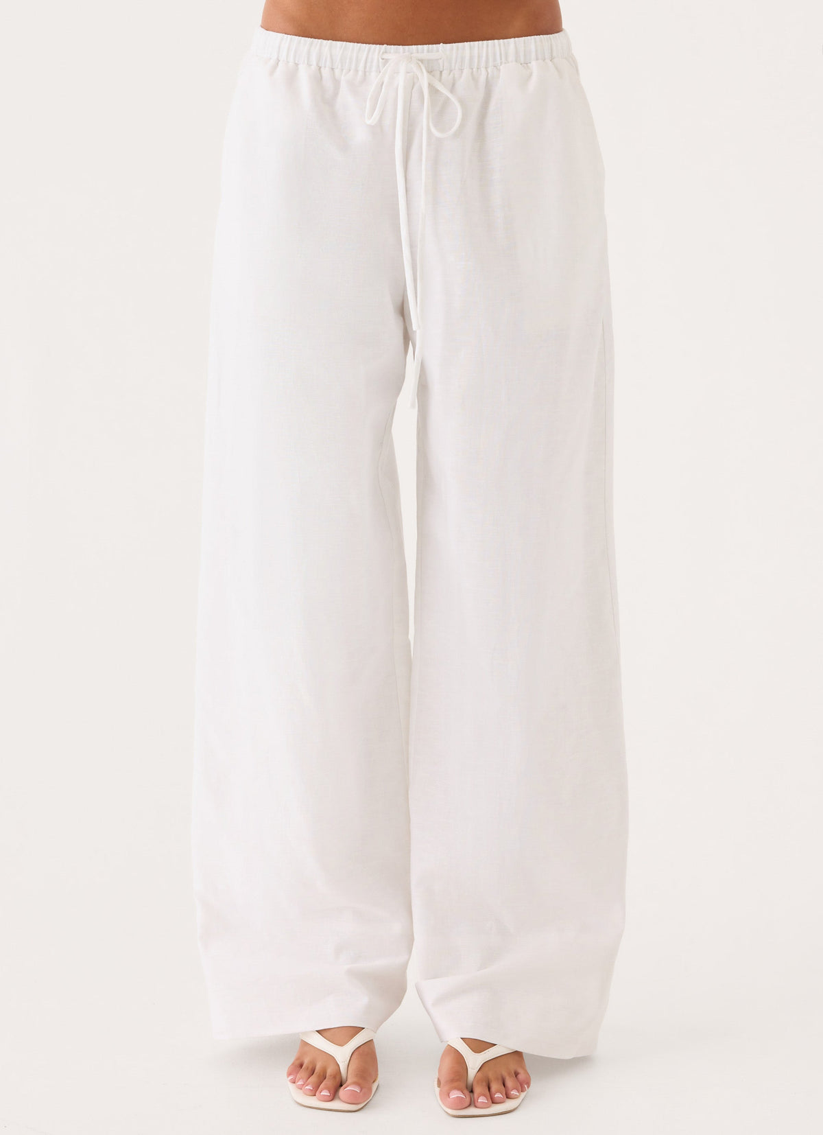 Elasticated Drawstring Linen Wide-Leg Trousers - White