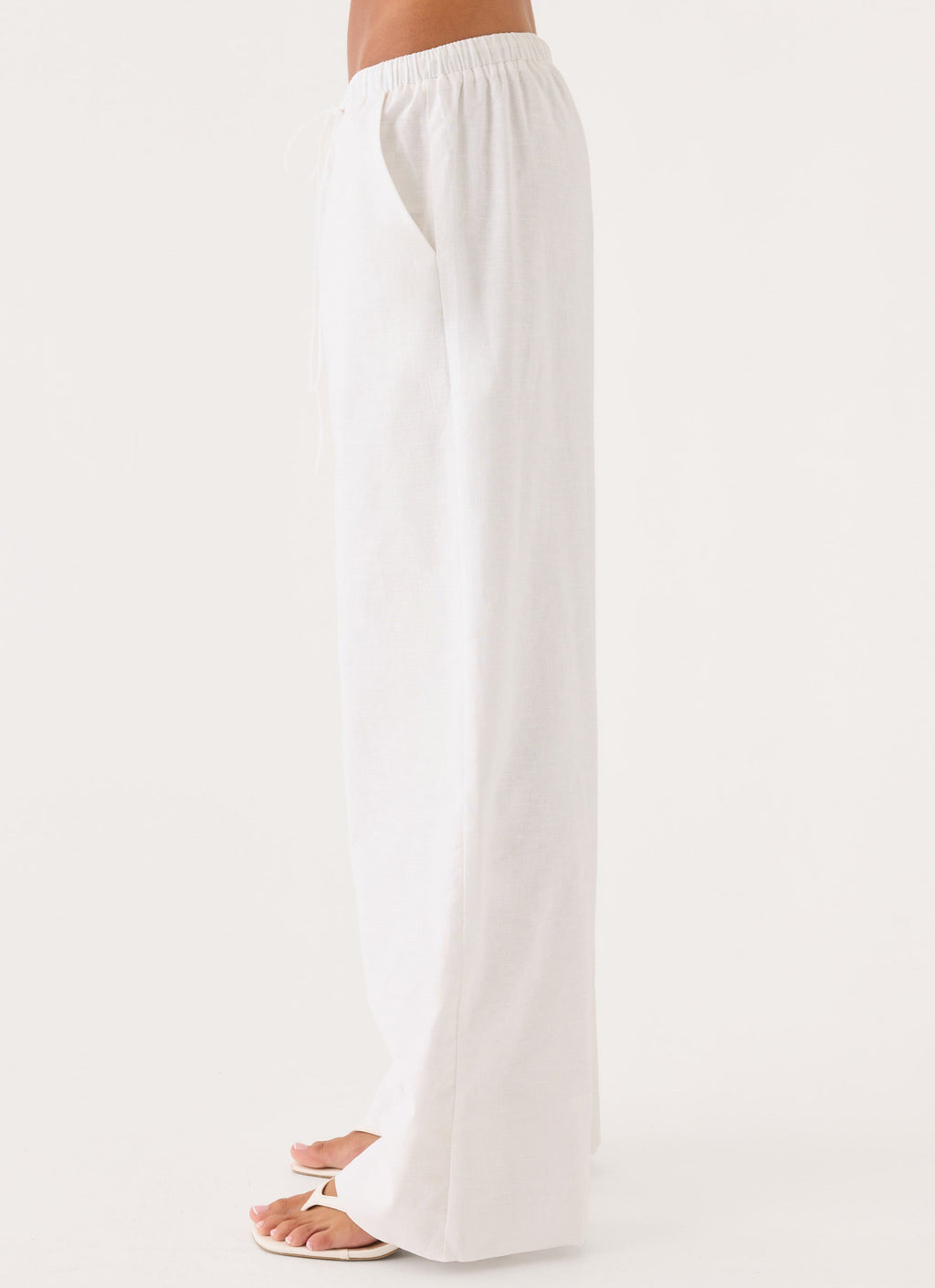 Elasticated Drawstring Linen Wide-Leg Trousers - White