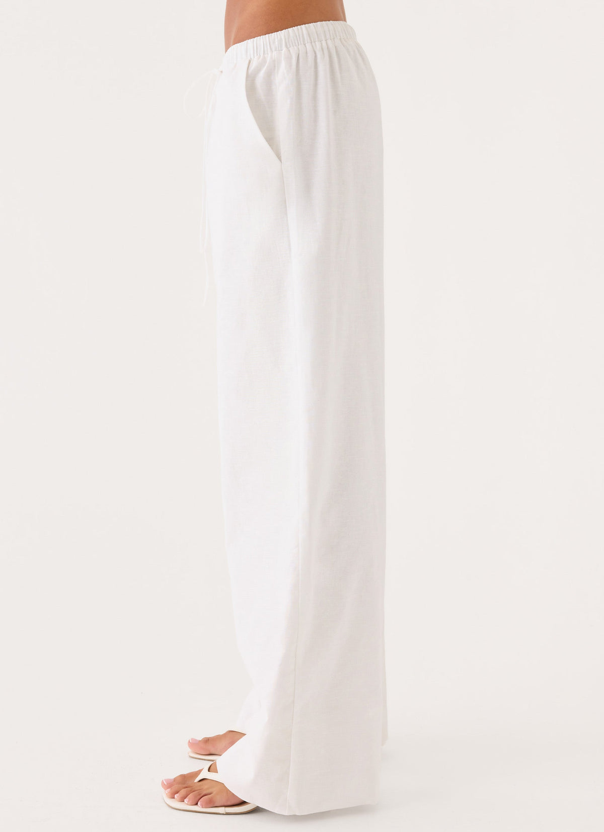 Elasticated Drawstring Linen Wide-Leg Trousers - White