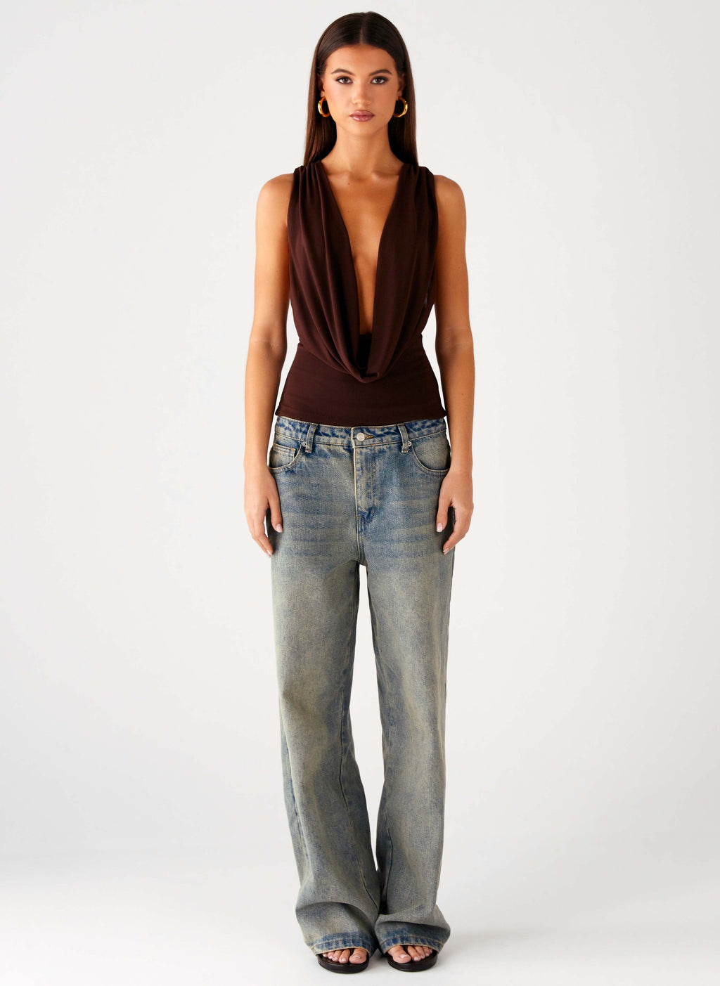 Cowl-Front Criss-Cross Mesh Top - Chocolate