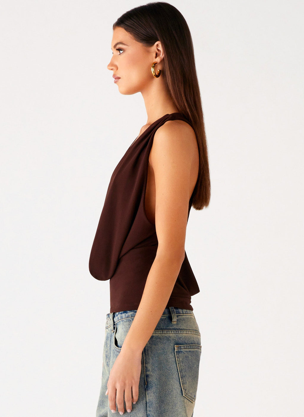Cowl-Front Criss-Cross Mesh Top - Chocolate