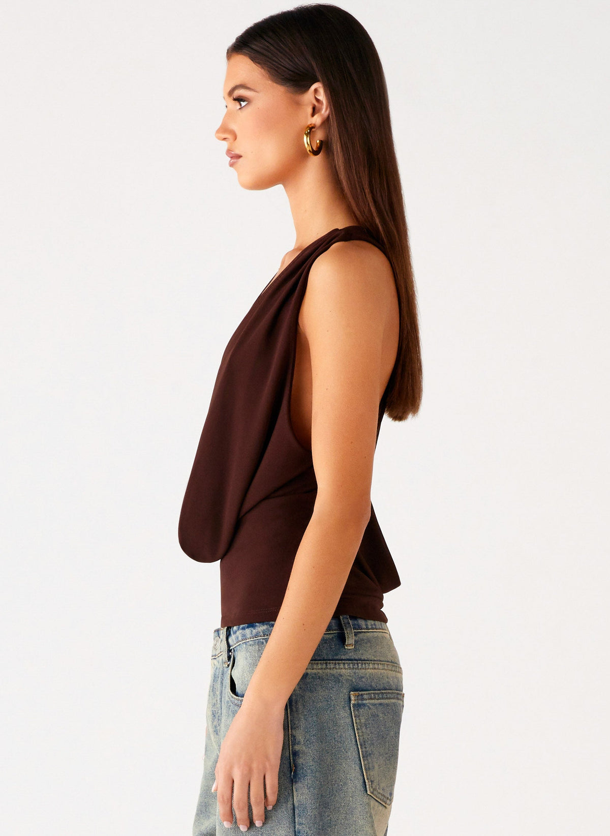 Cowl-Front Criss-Cross Mesh Top - Chocolate