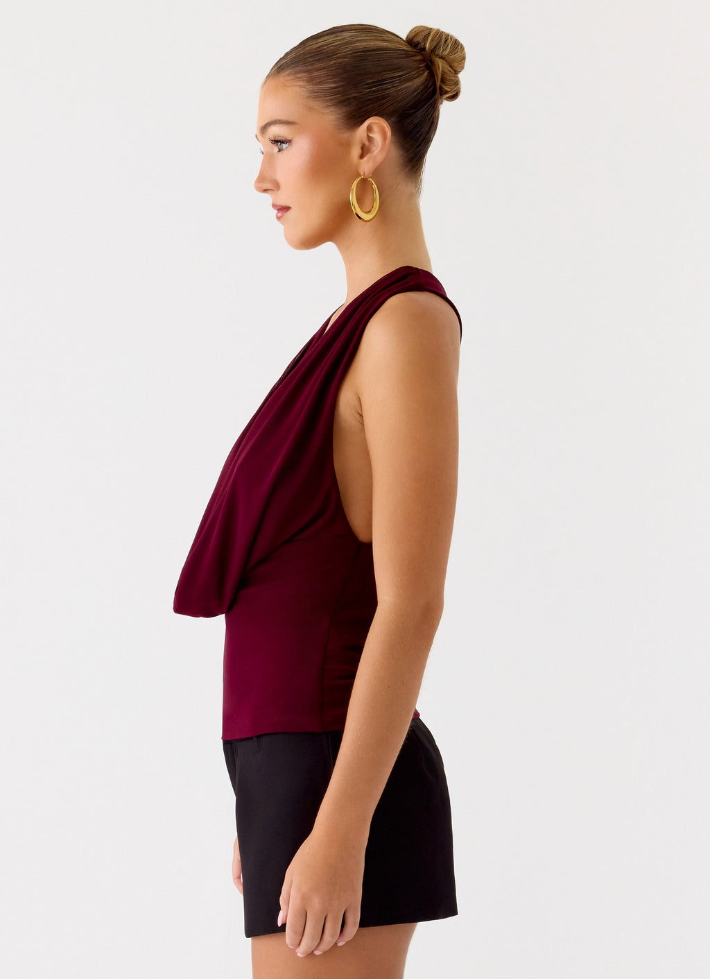 Cowl-Front Criss-Cross Mesh Top - Plum