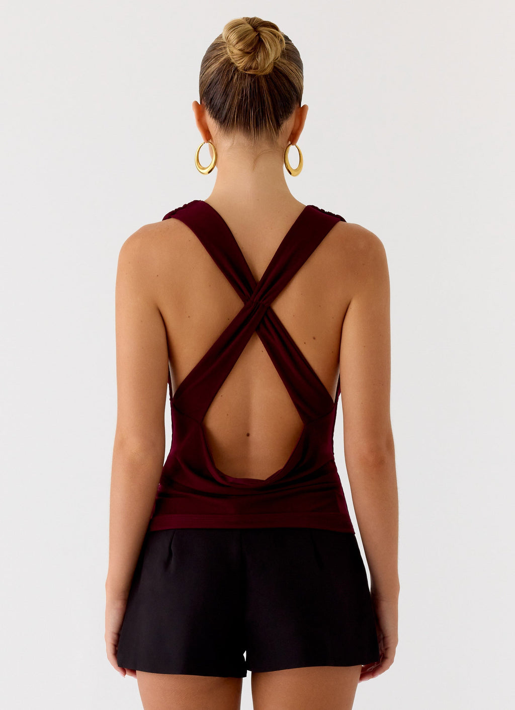 Cowl-Front Criss-Cross Mesh Top - Plum