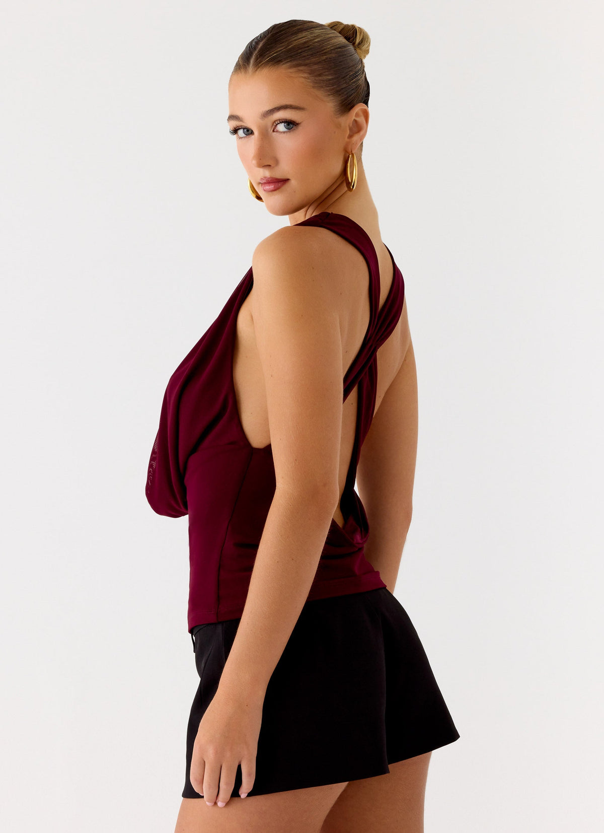 Cowl-Front Criss-Cross Mesh Top - Plum