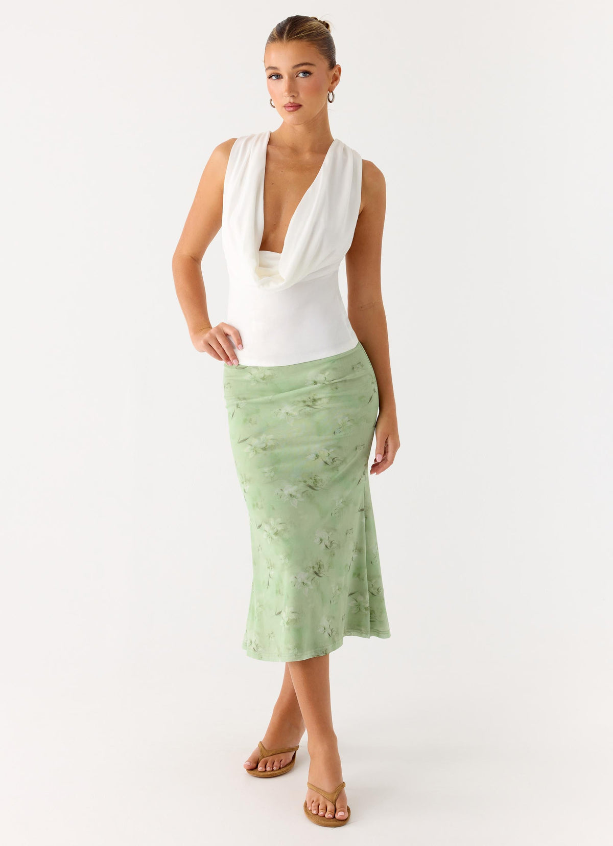 Cowl-Front Criss-Cross Mesh Top - White