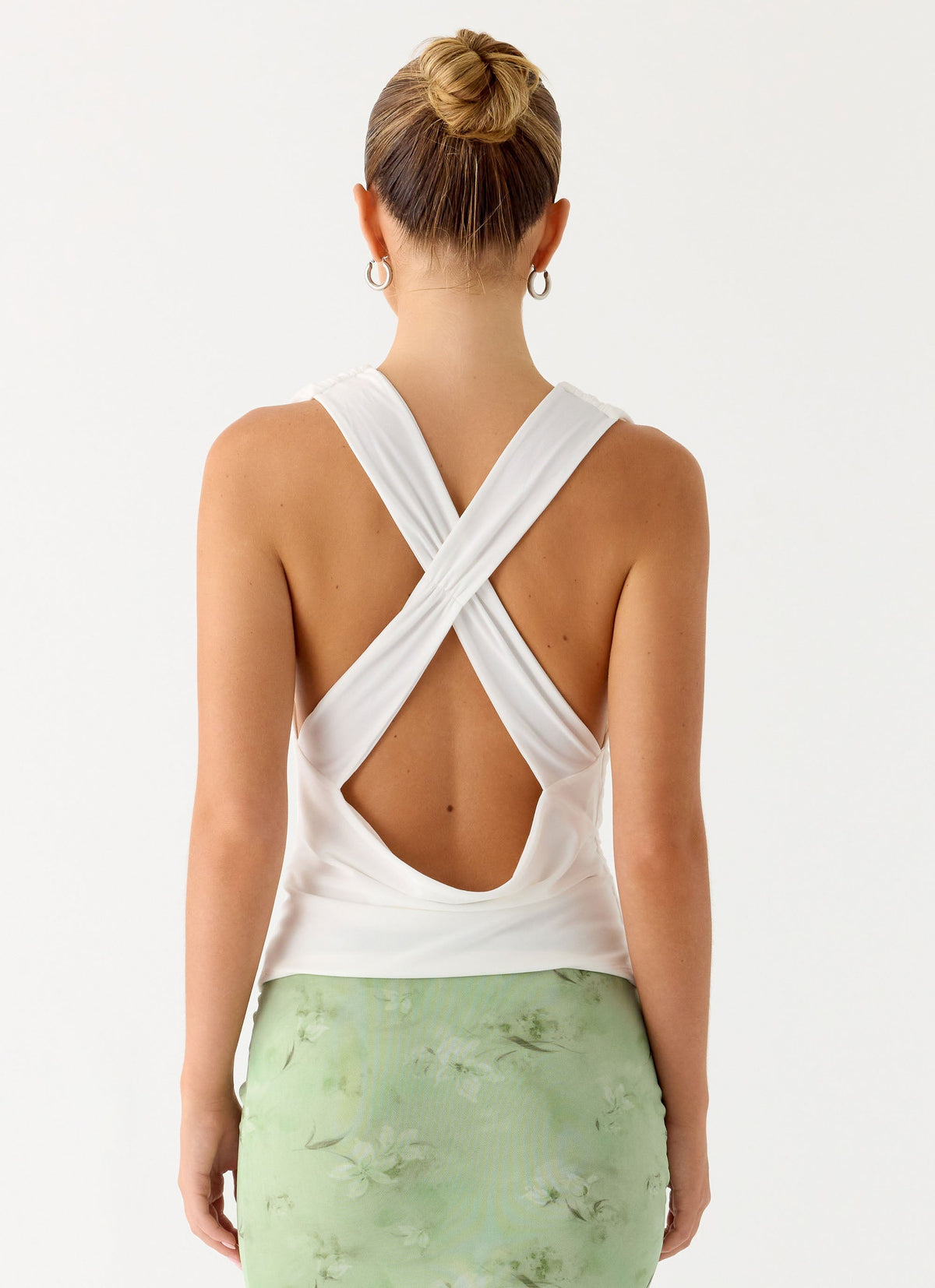 Cowl-Front Criss-Cross Mesh Top - White