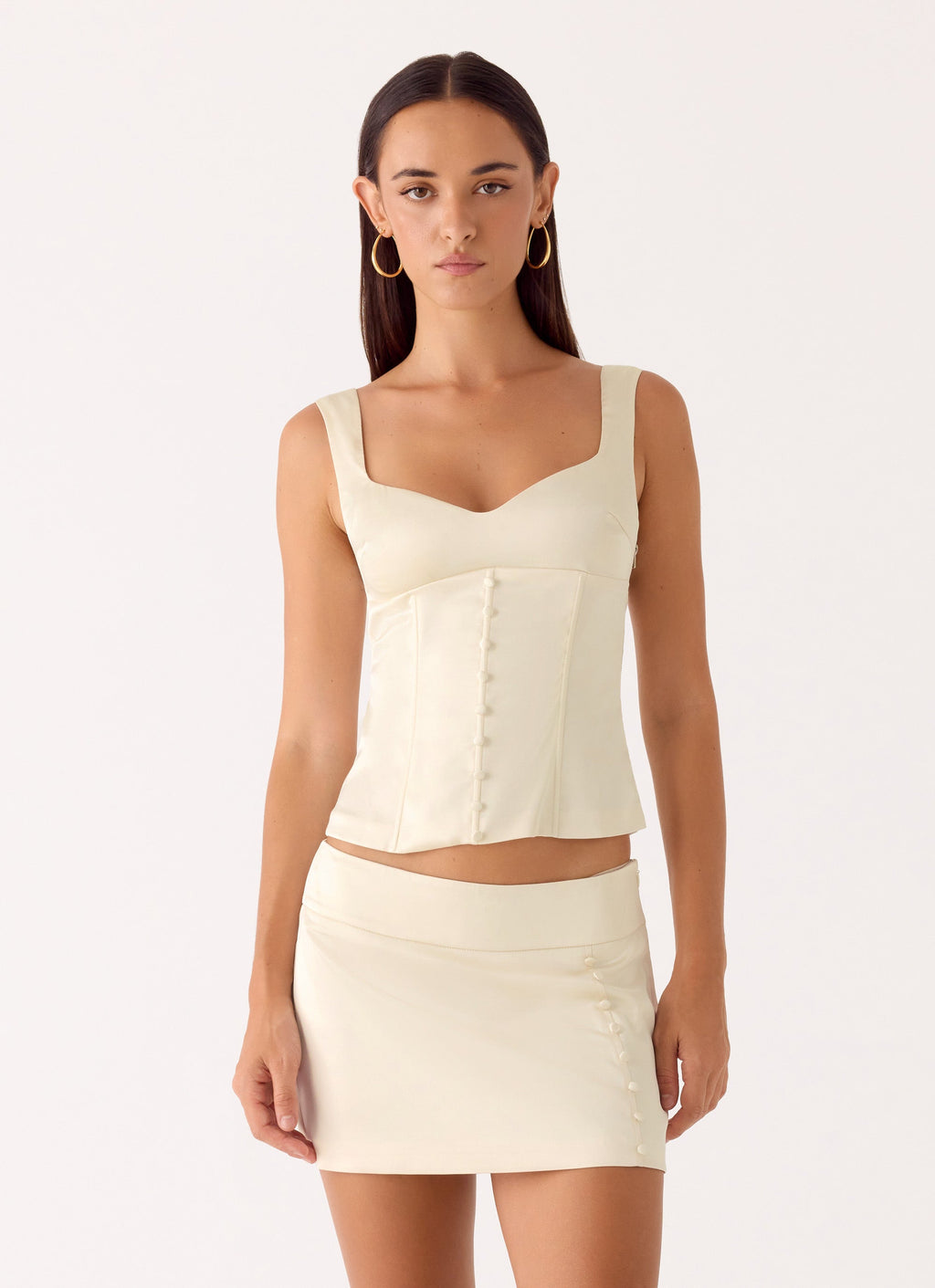 Satin Button-Front Mini Skirt - Ivory