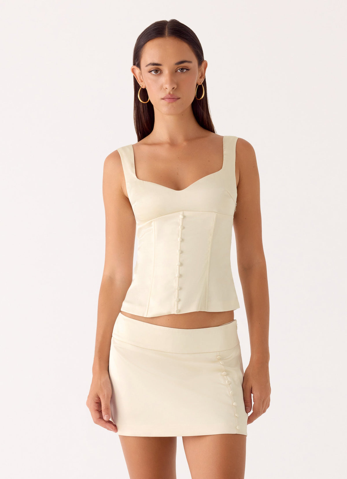 Satin Button-Front Mini Skirt - Ivory