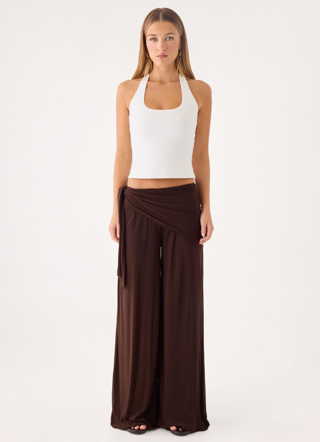 Scarf-Tie Waist Wide-Leg Chiffon Trousers - Chocolate
