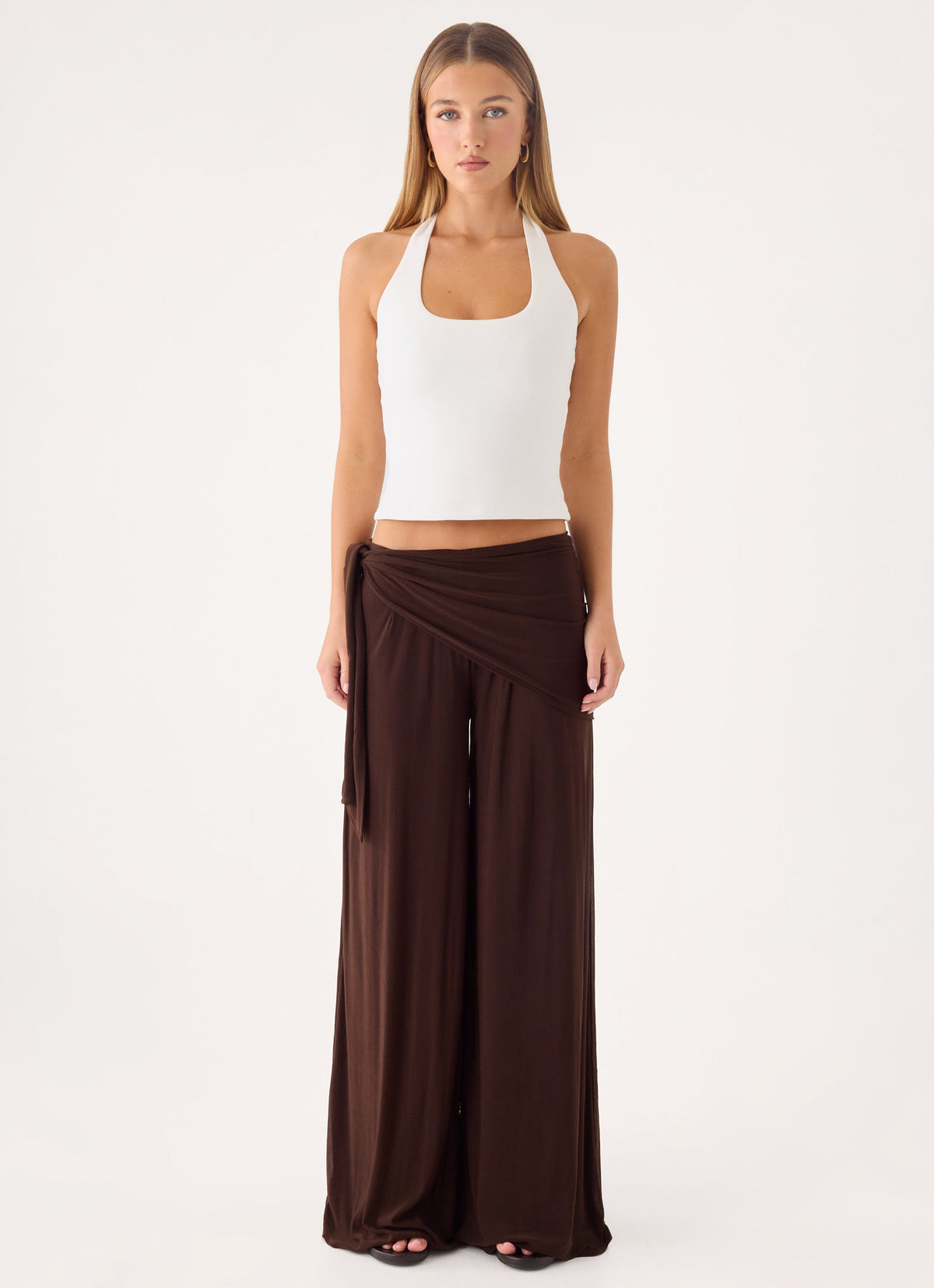Scarf-Tie Waist Wide-Leg Chiffon Trousers - Chocolate