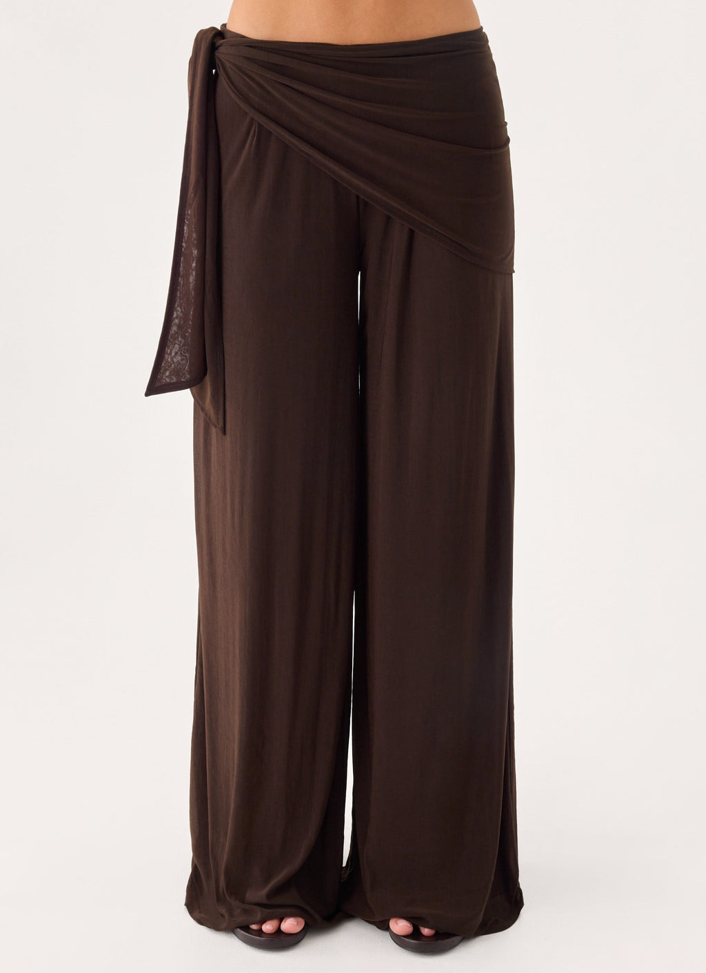 Scarf-Tie Waist Wide-Leg Chiffon Trousers - Chocolate