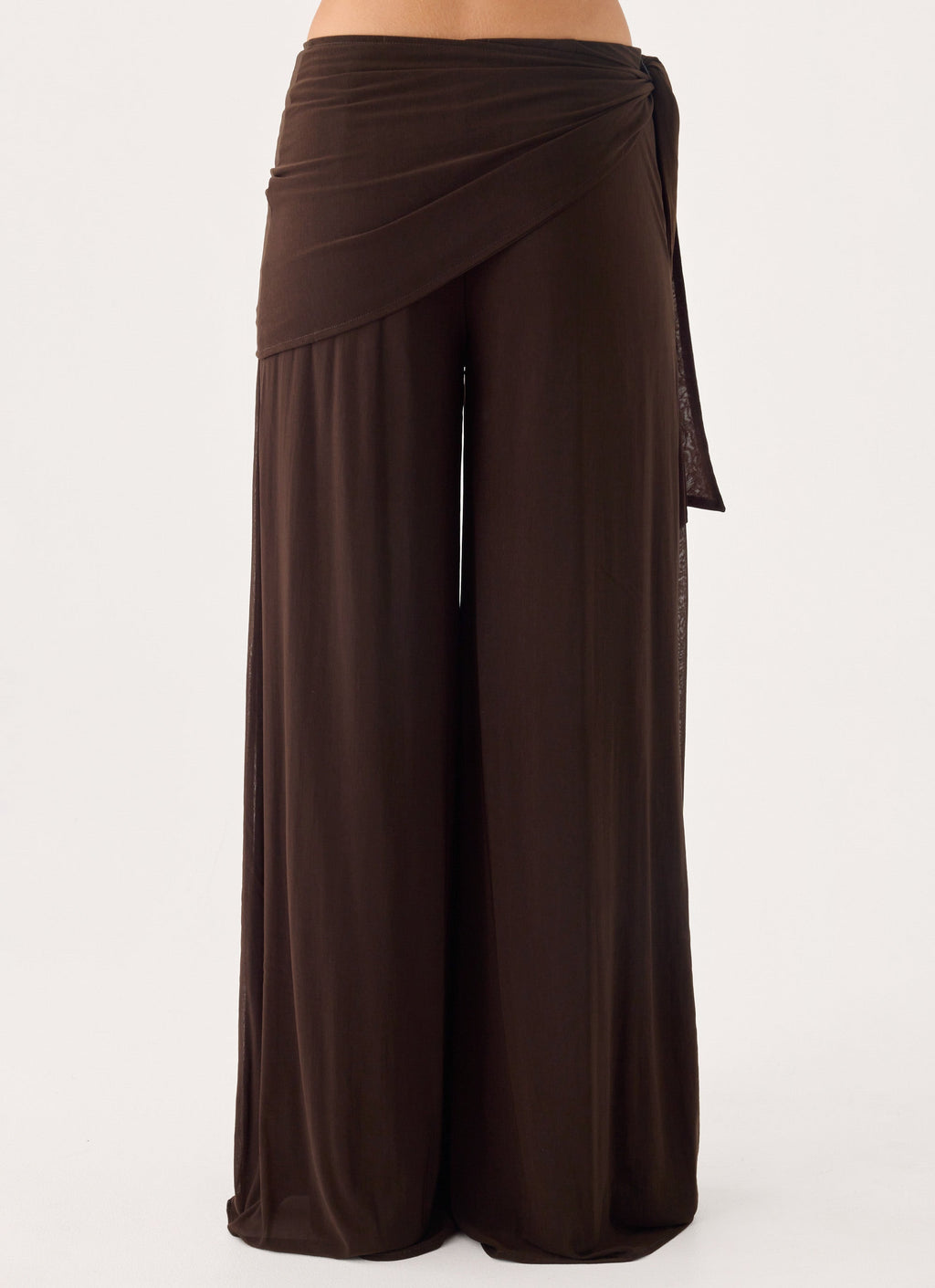 Scarf-Tie Waist Wide-Leg Chiffon Trousers - Chocolate