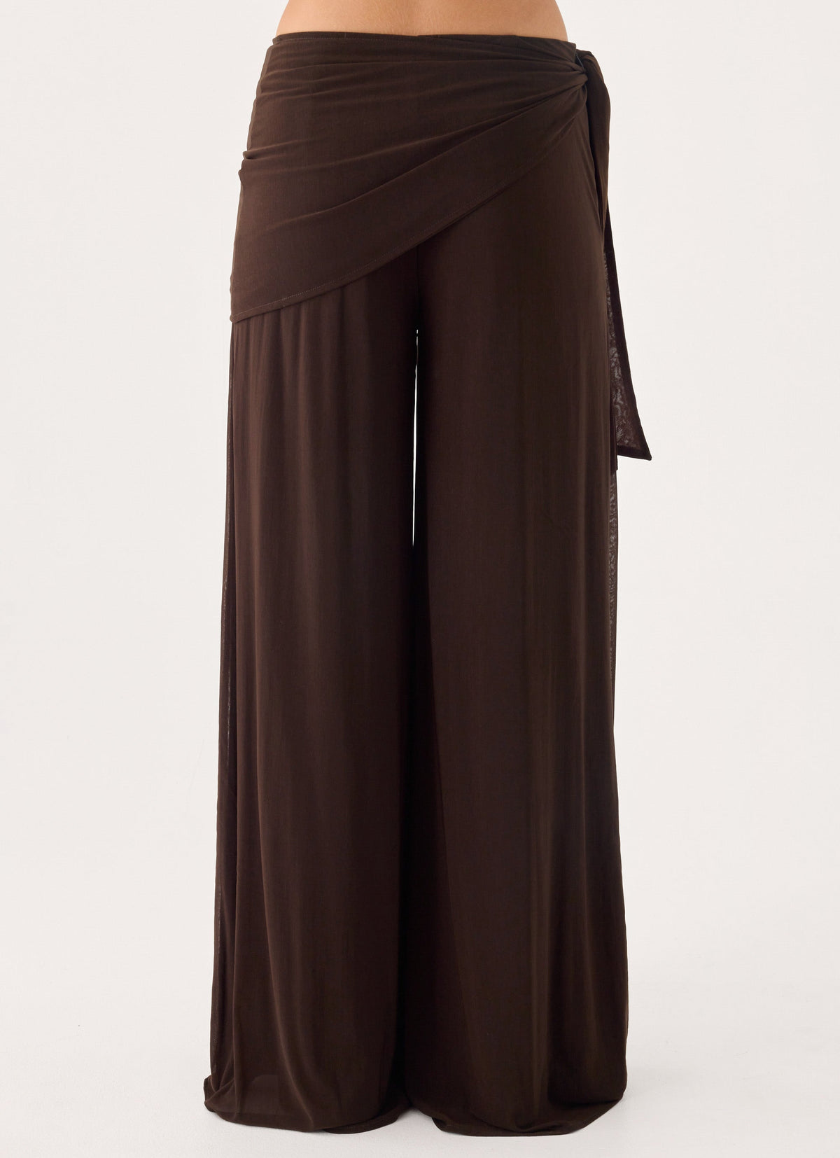 Scarf-Tie Waist Wide-Leg Chiffon Trousers - Chocolate