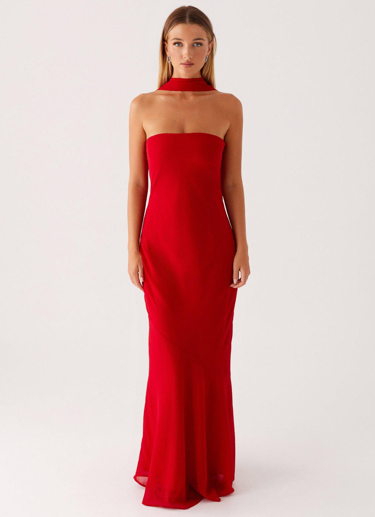 Strapless Brushed Chiffon Maxi Dress - Red