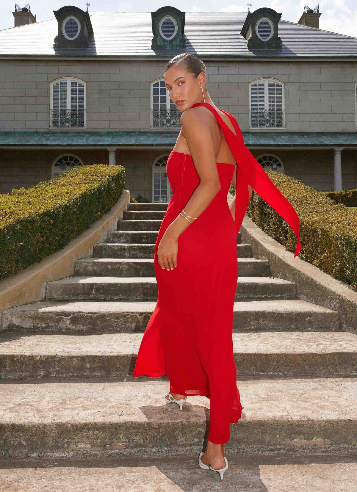 Strapless Brushed Chiffon Maxi Dress - Red