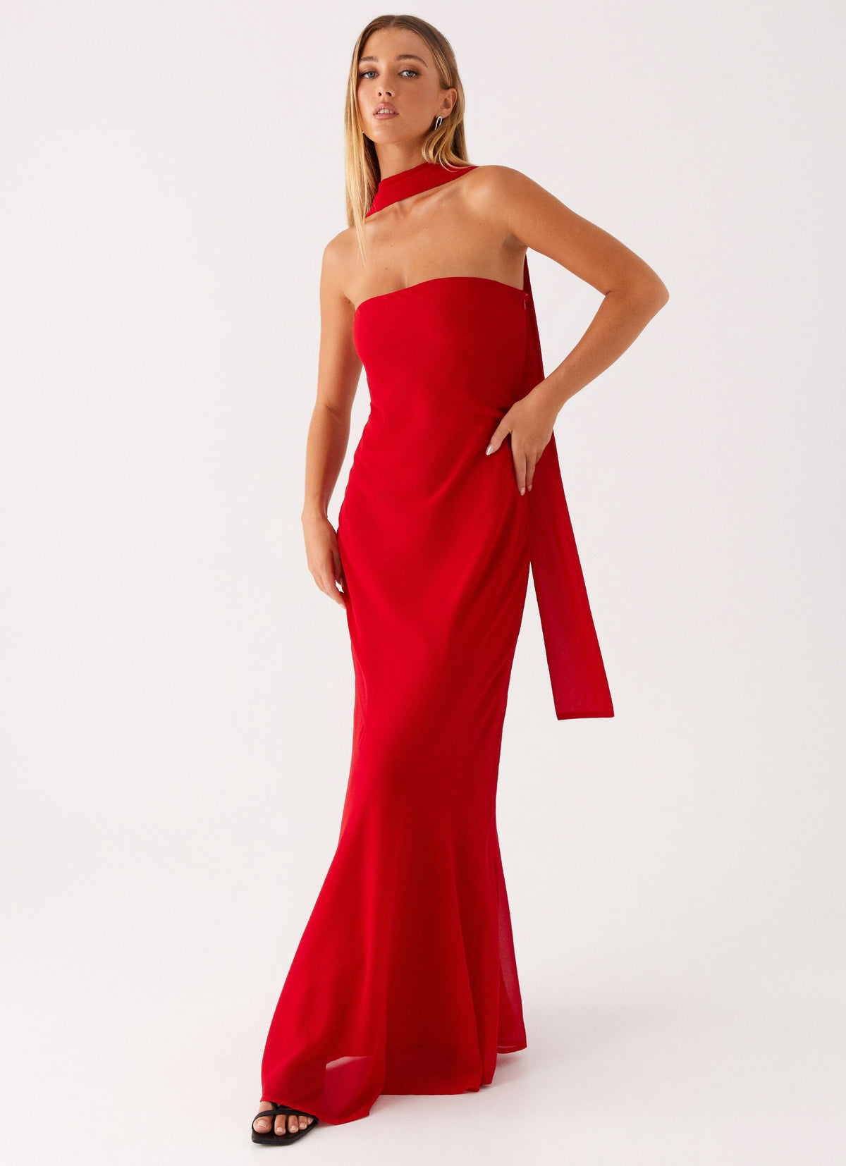Strapless Brushed Chiffon Maxi Dress - Red