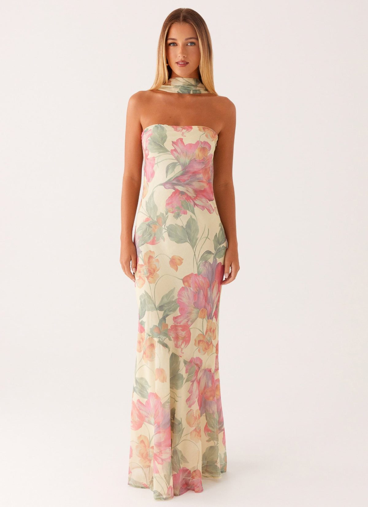 Strapless Brushed Chiffon Maxi Dress - Yellow Peony