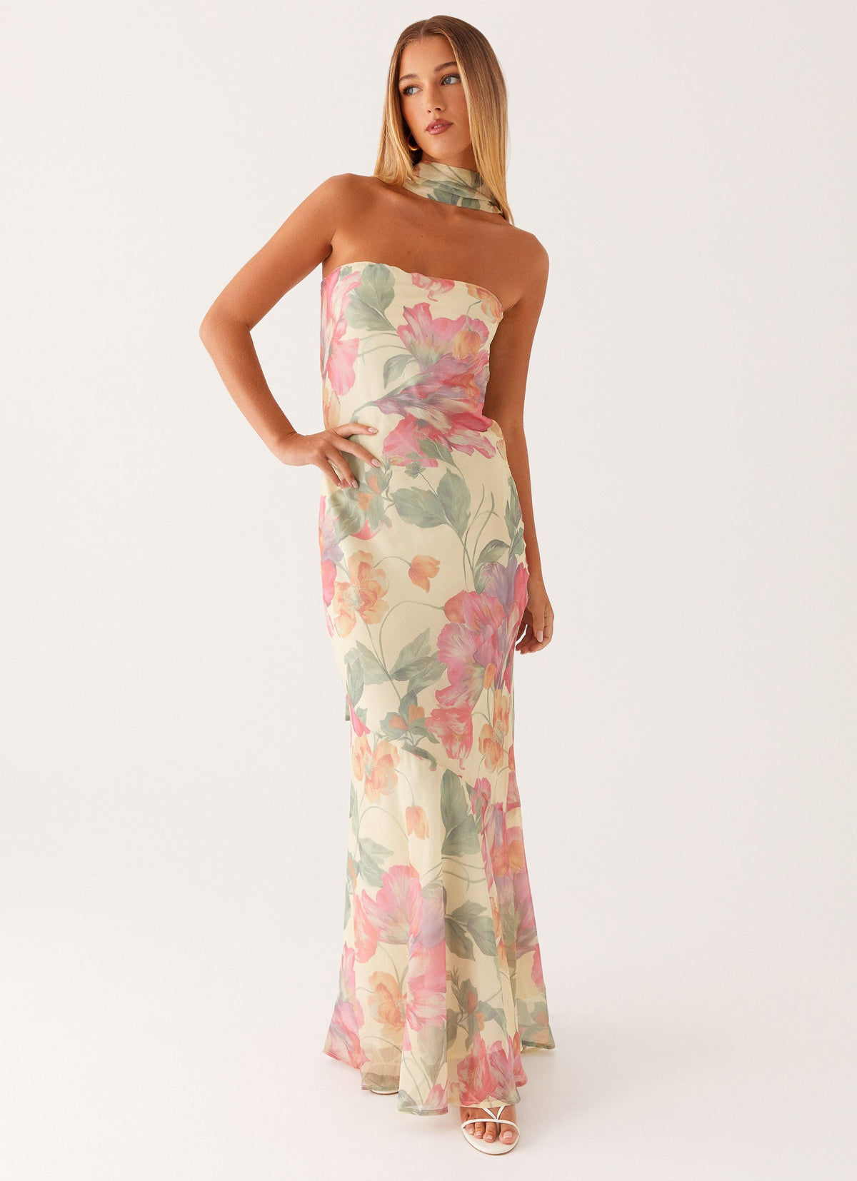 Strapless Brushed Chiffon Maxi Dress - Yellow Peony