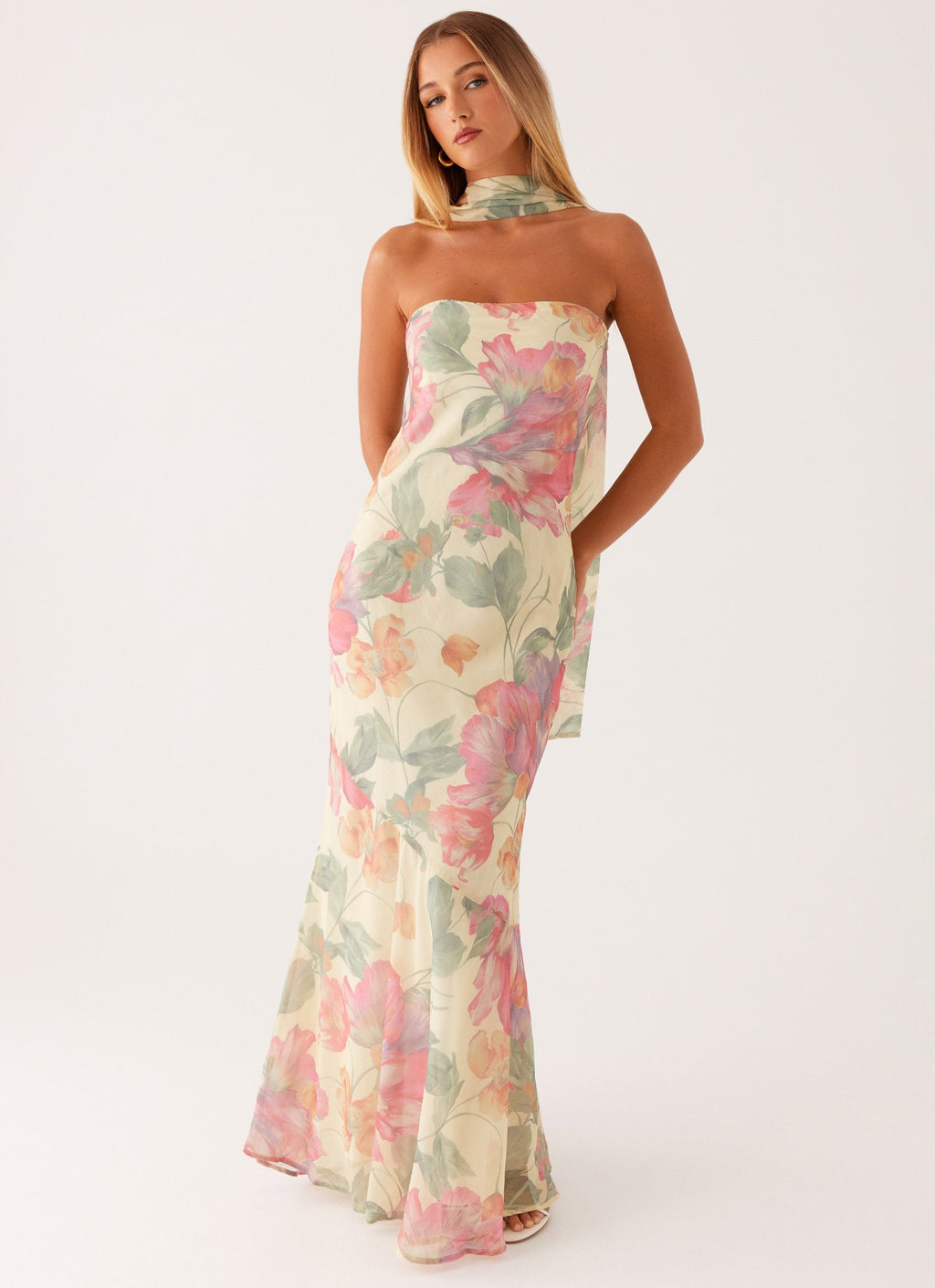 Strapless Brushed Chiffon Maxi Dress - Yellow Peony
