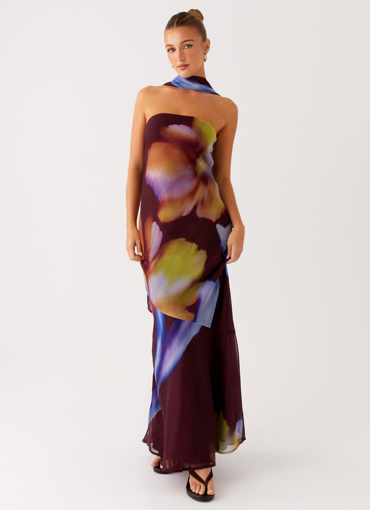 Strapless Brushed Chiffon Maxi Dress - Dark Floral