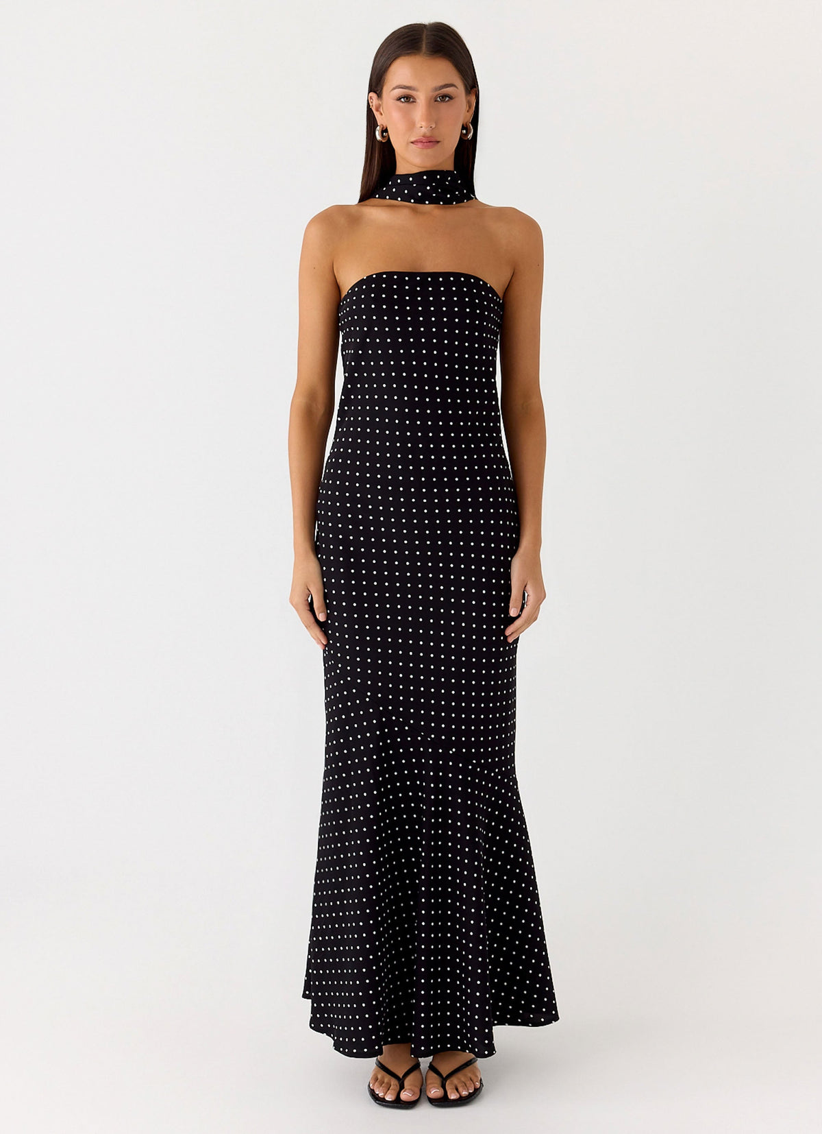 Strapless Brushed Chiffon Maxi Dress - Black Polka Dot