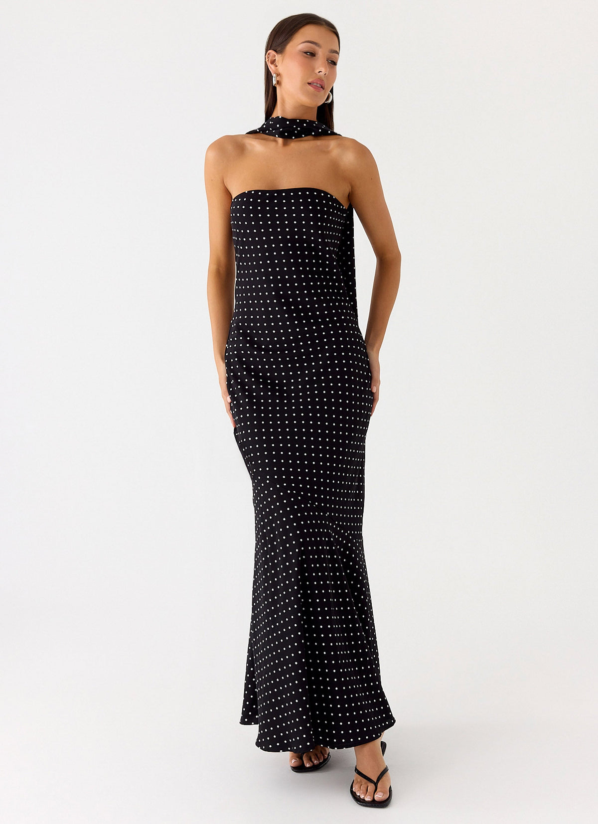 Strapless Brushed Chiffon Maxi Dress - Black Polka Dot