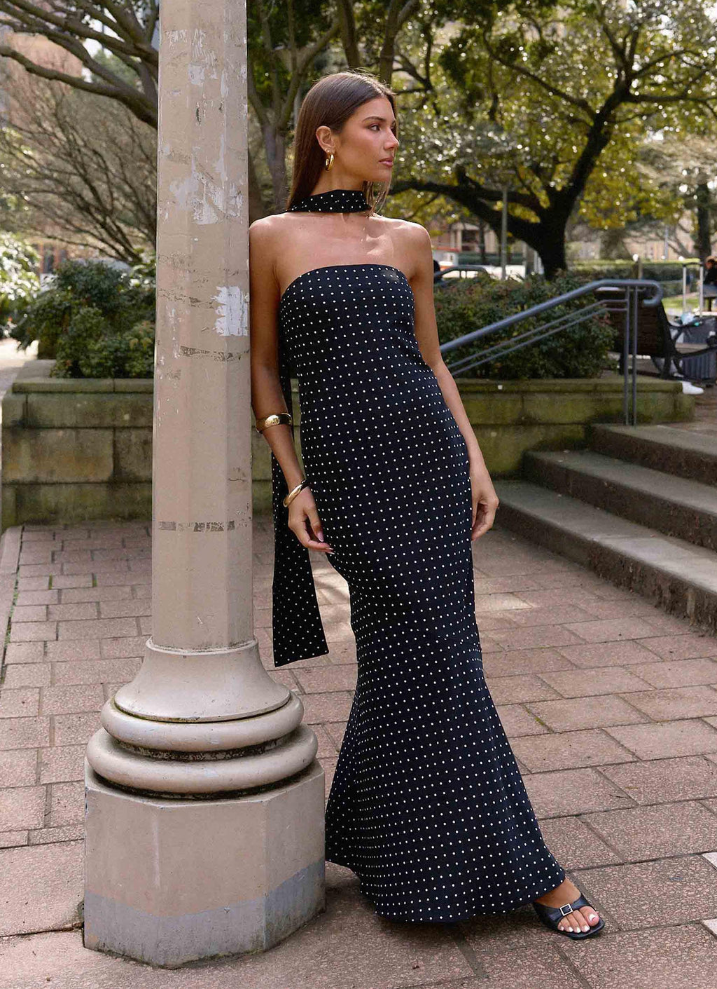 Strapless Brushed Chiffon Maxi Dress - Black Polka Dot
