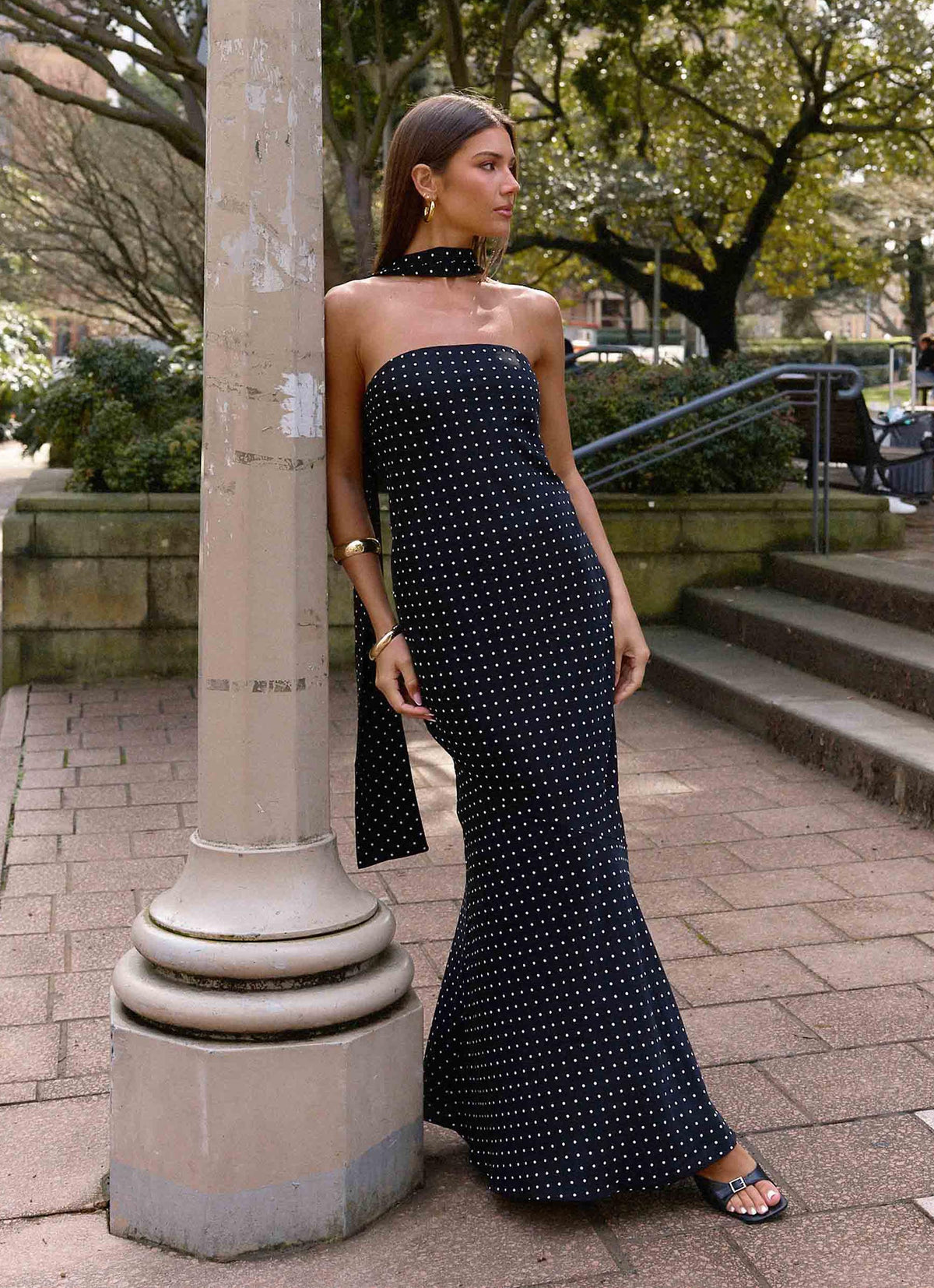 Strapless Brushed Chiffon Maxi Dress - Black Polka Dot