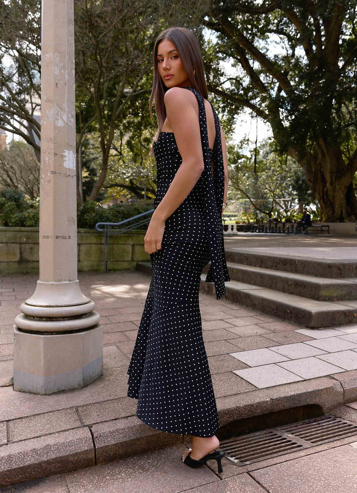 Strapless Brushed Chiffon Maxi Dress - Black Polka Dot