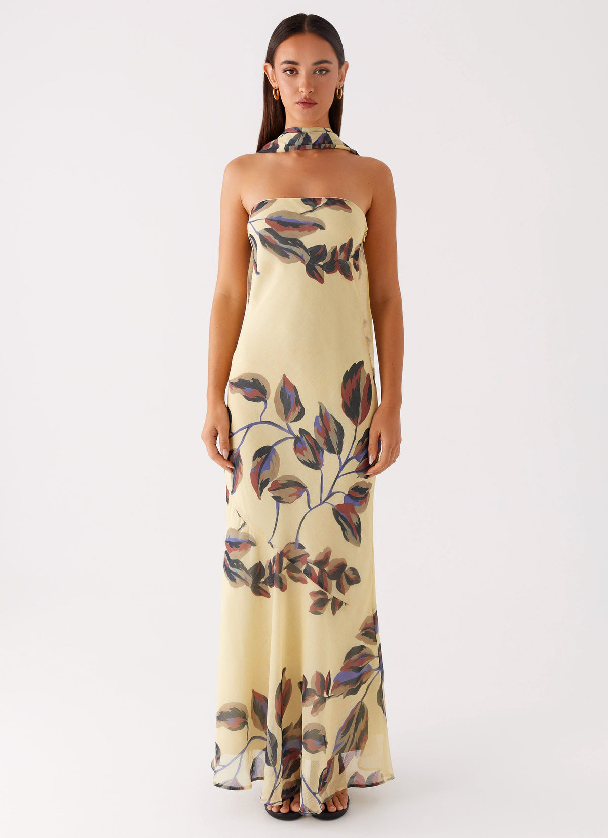Strapless Brushed Chiffon Maxi Dress - Buttercream Leaf Print