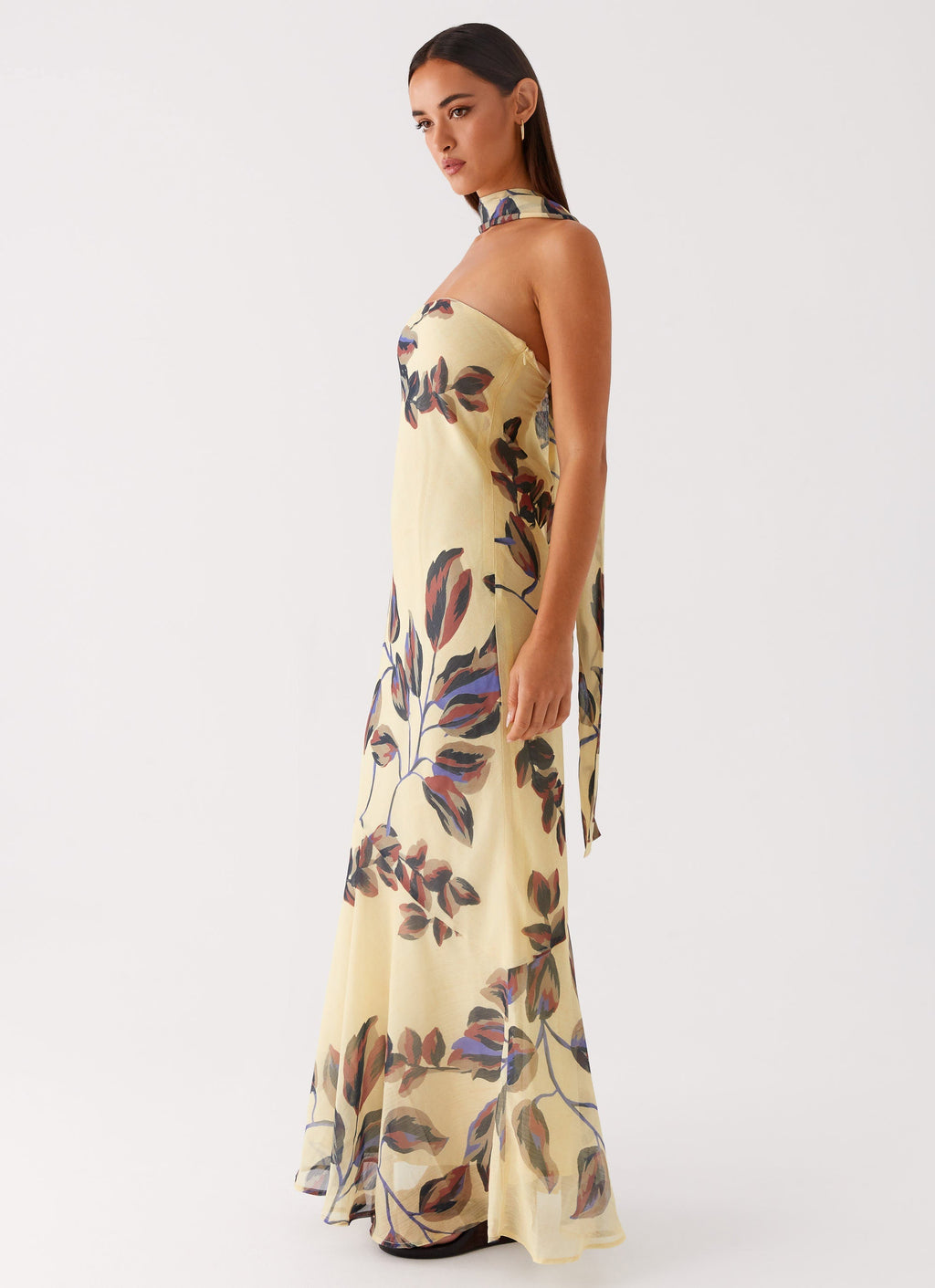 Strapless Brushed Chiffon Maxi Dress - Buttercream Leaf Print