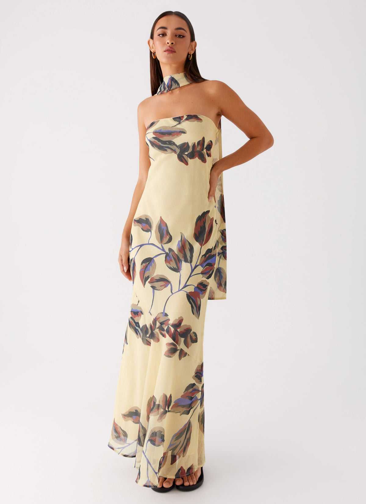 Strapless Brushed Chiffon Maxi Dress - Buttercream Leaf Print