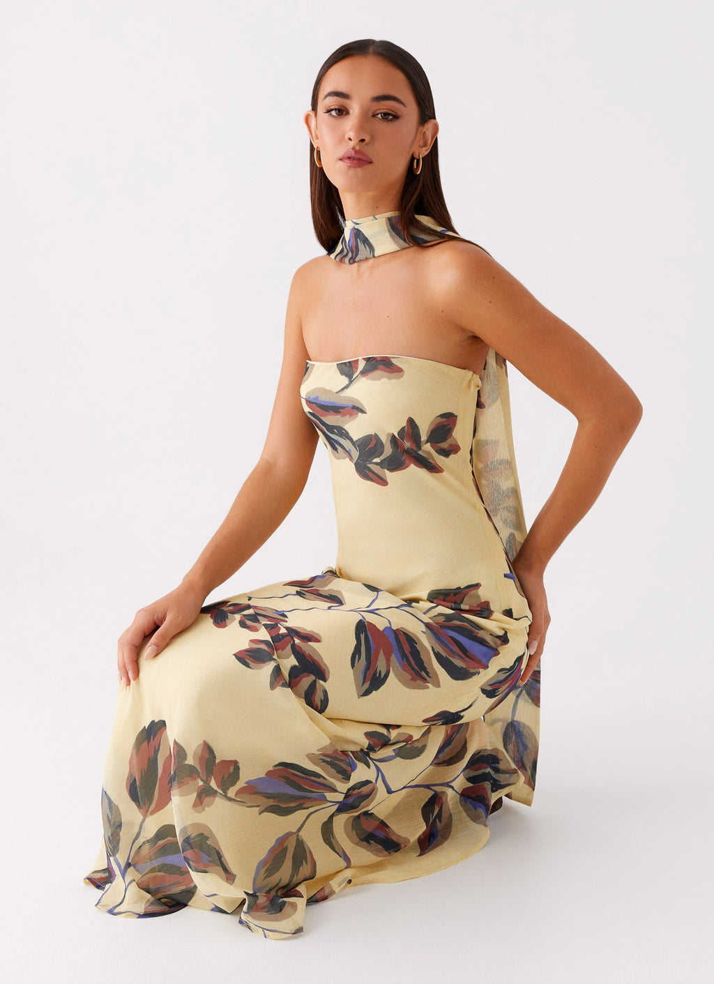 Strapless Brushed Chiffon Maxi Dress - Buttercream Leaf Print